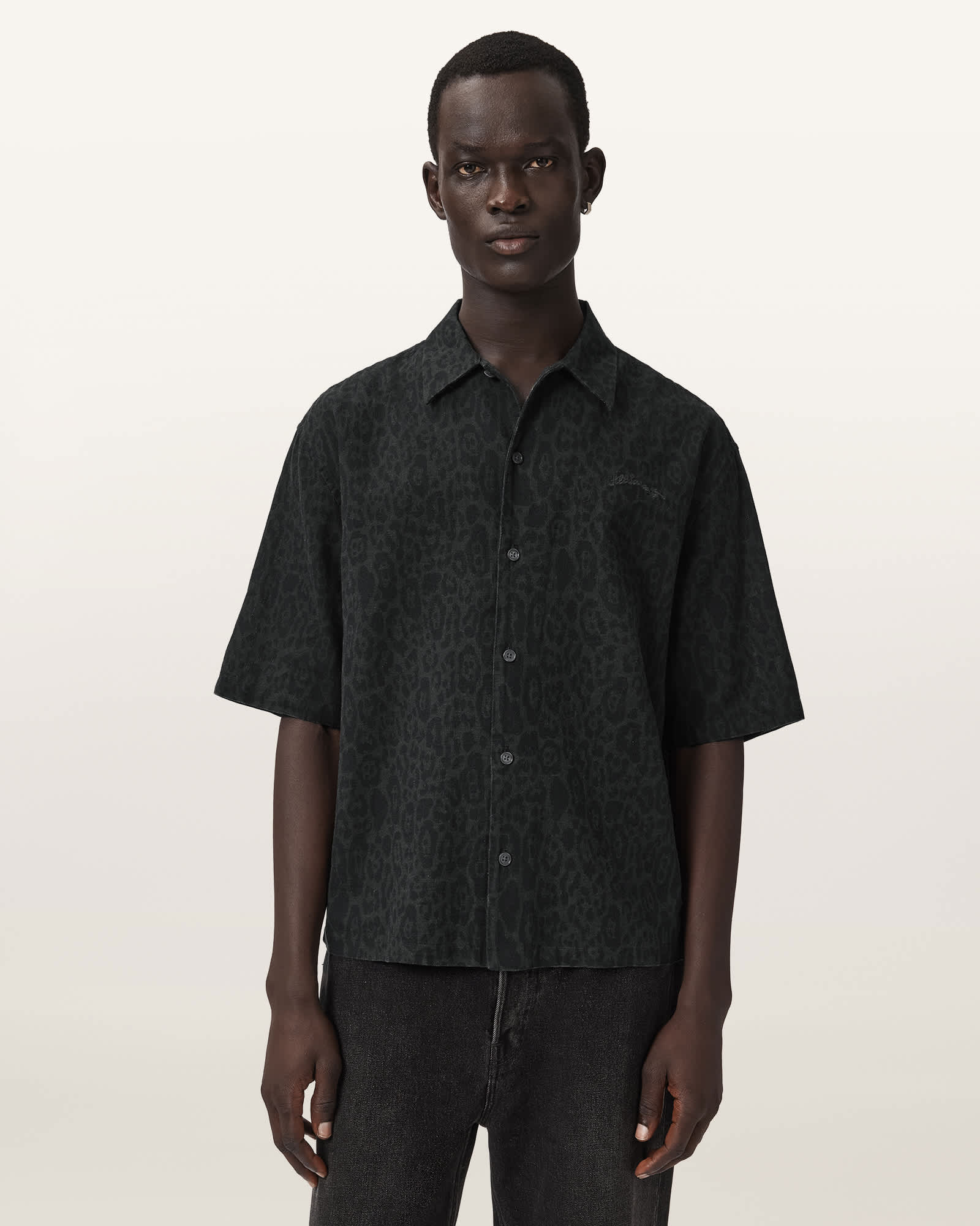 Allsaints Men's Black Leopardo Oversized Linen Blend Shirt - Size  S