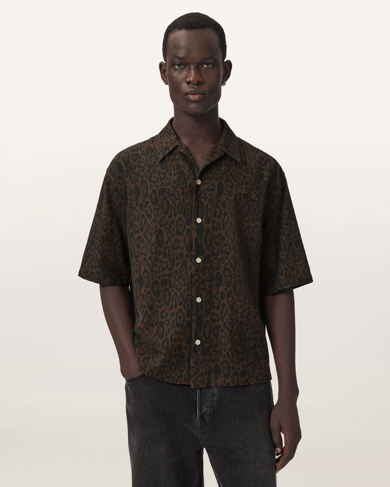 Allsaints Men's Brown Leopardo Oversized Linen Blend Shirt - Size  Xxl