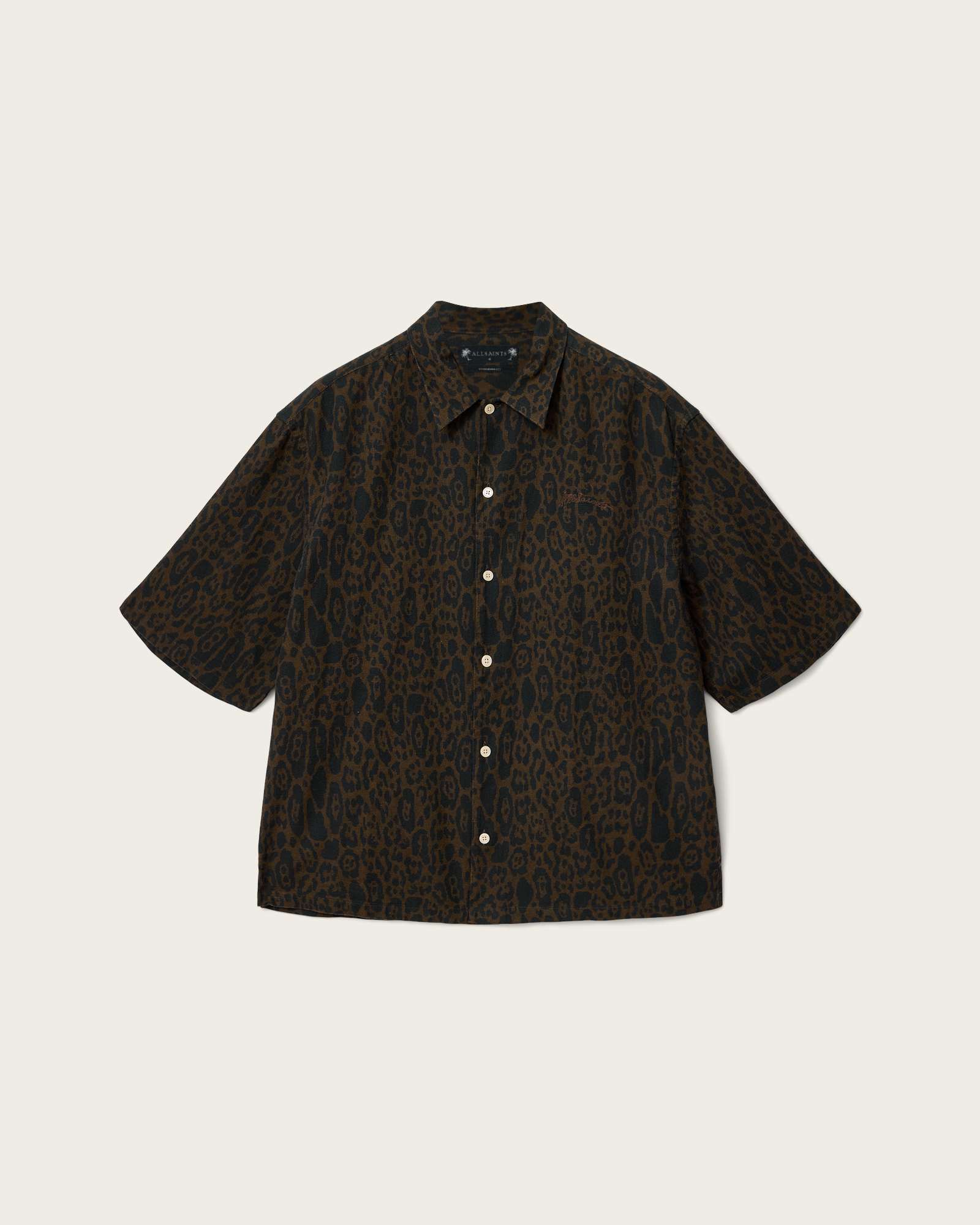 Allsaints Herren Braun Men's Leopardo Oversized Linen-Blend Shirt Size Xl