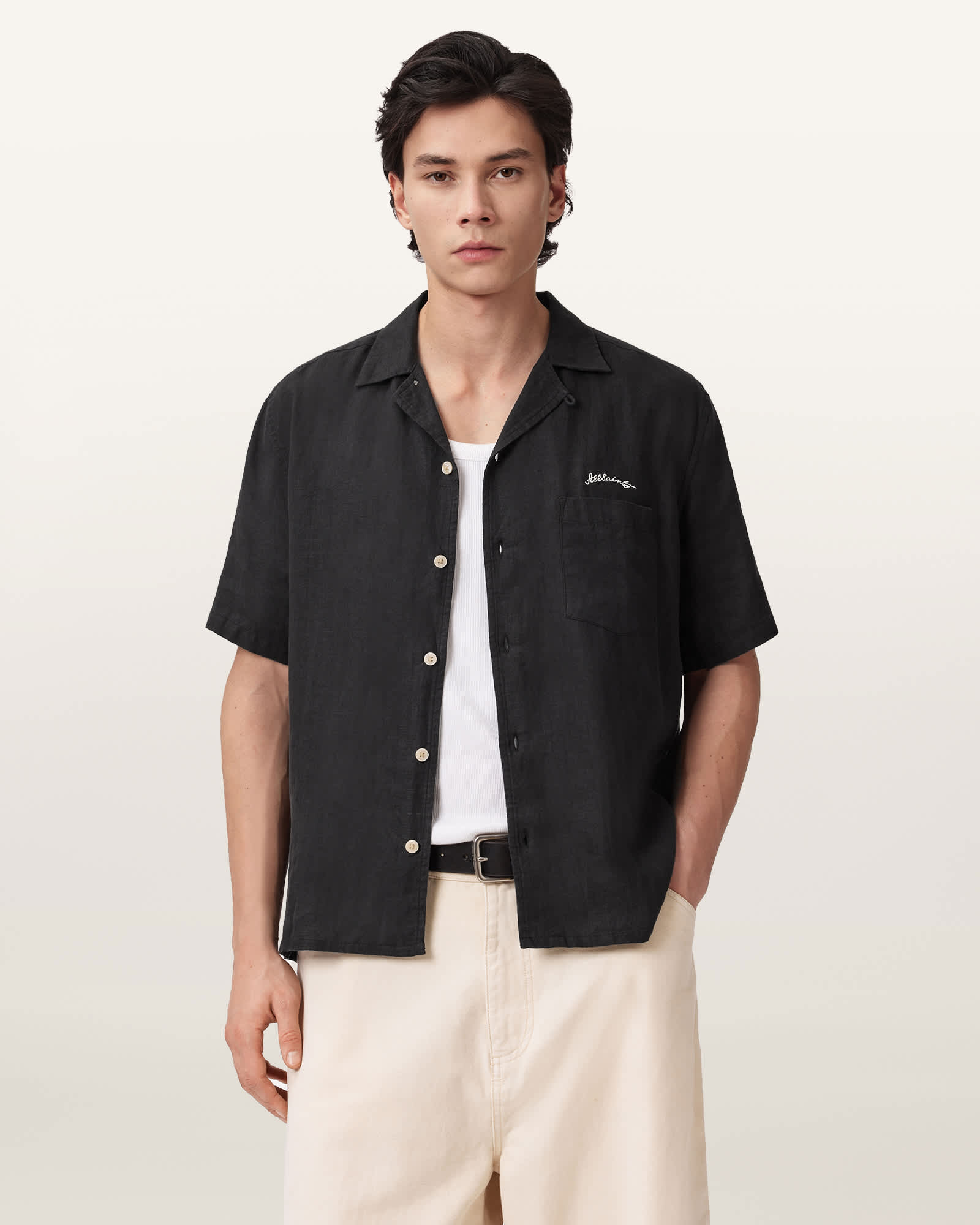 AllSaints Linen Wilder Embroidered Linen Shirt, Size: L