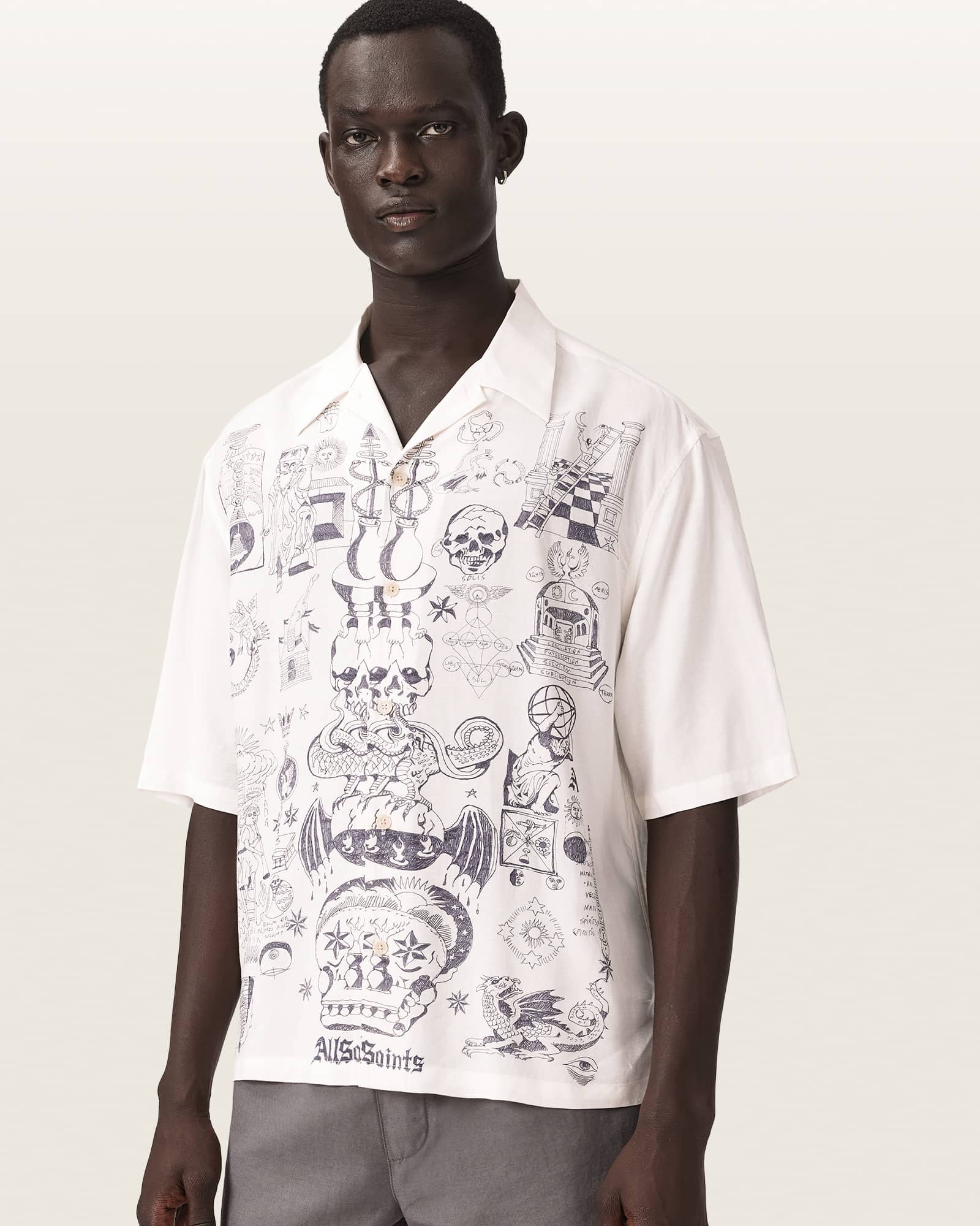 Allsaints Men's Ecru Ignis Oversized Short Sleeve Printed Shirt - Size  Xxl