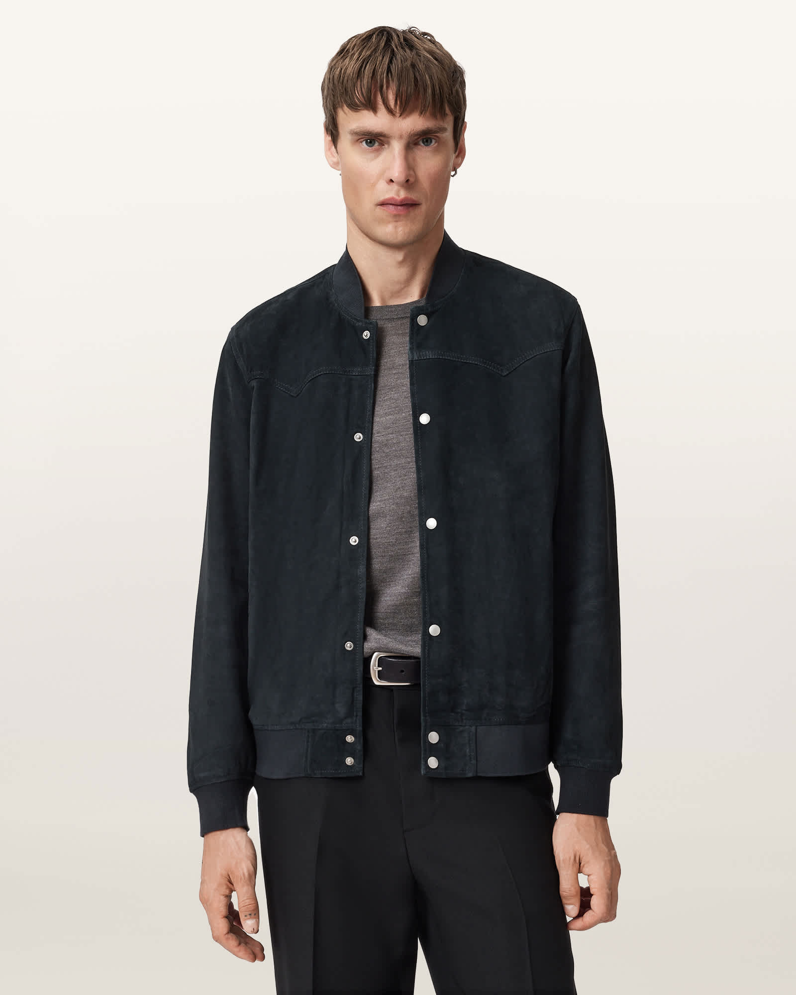 Allsaints Stafford Suede Bomber Jacket In Blue