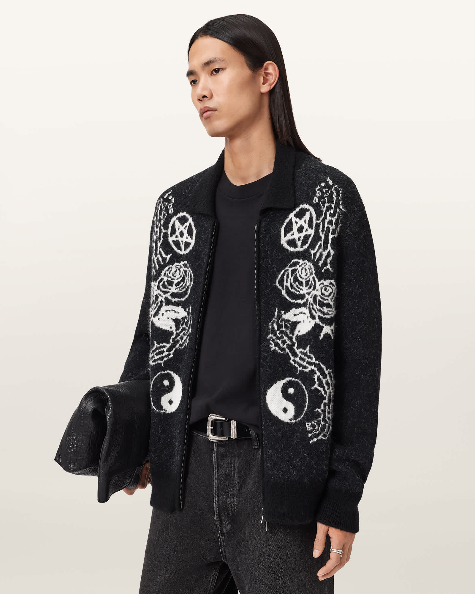 AllSaints Warner Jacquard Wool Cardigan,, Cinder Black/White