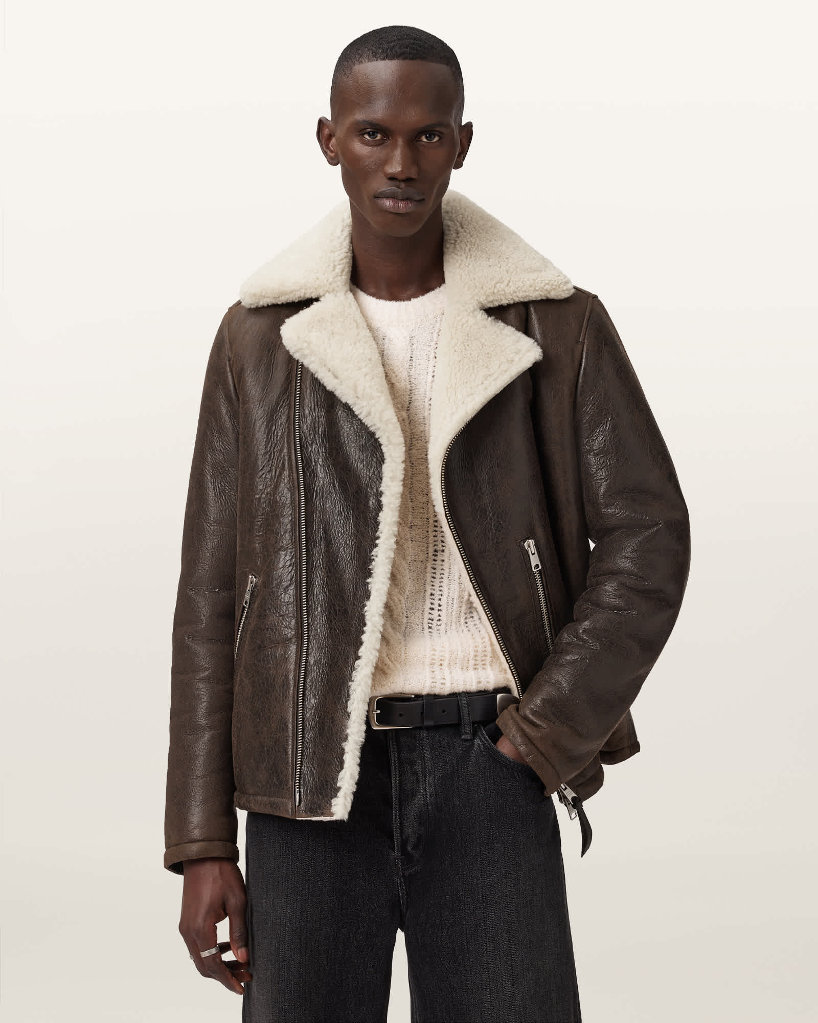 Allsaints Xylon Shearling Biker Jacket In Brown