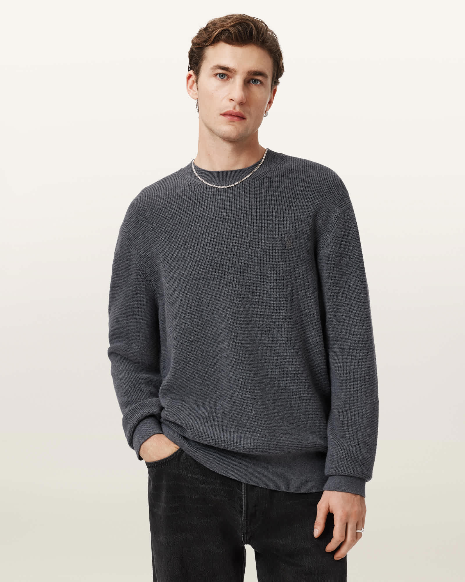 Allsaints Cotton Aapen Crew Neck Waffle Jumper In Gray