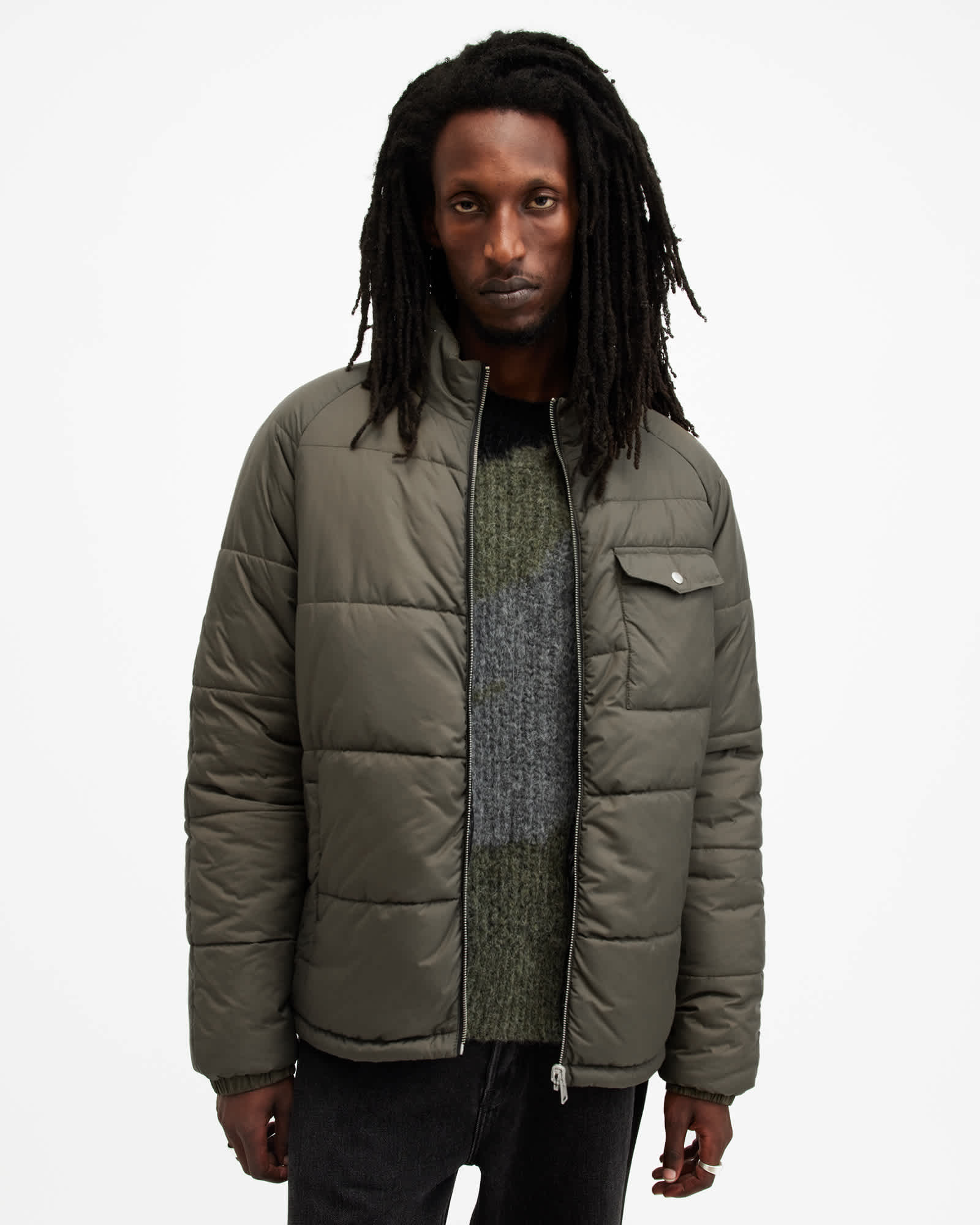 AllSaints Griffin Reversible Funnel Neck Jacket,, Green/Black