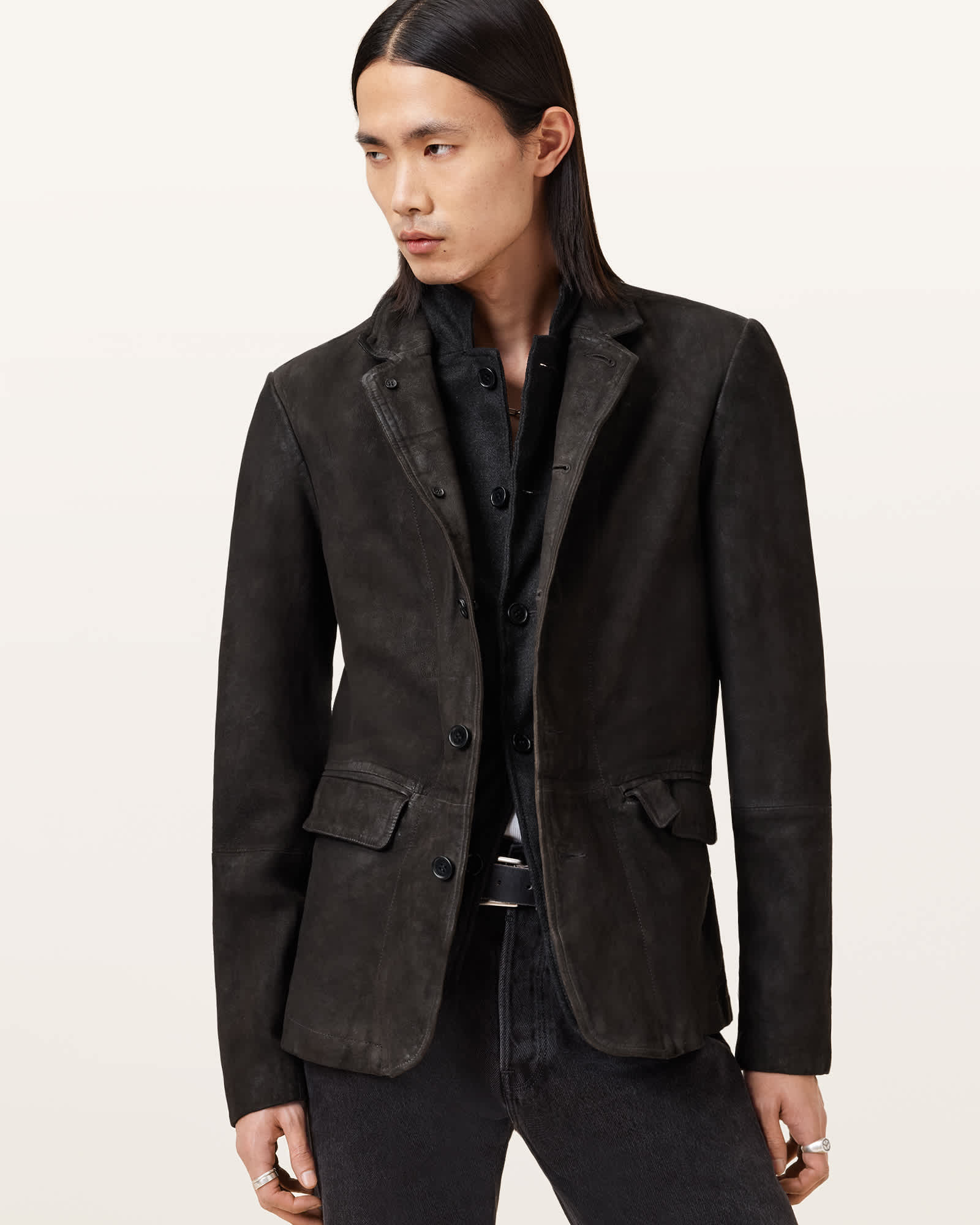 AllSaints Men's Goat Leather Survey Double Layered Waxed Suede Blazer, Size: L