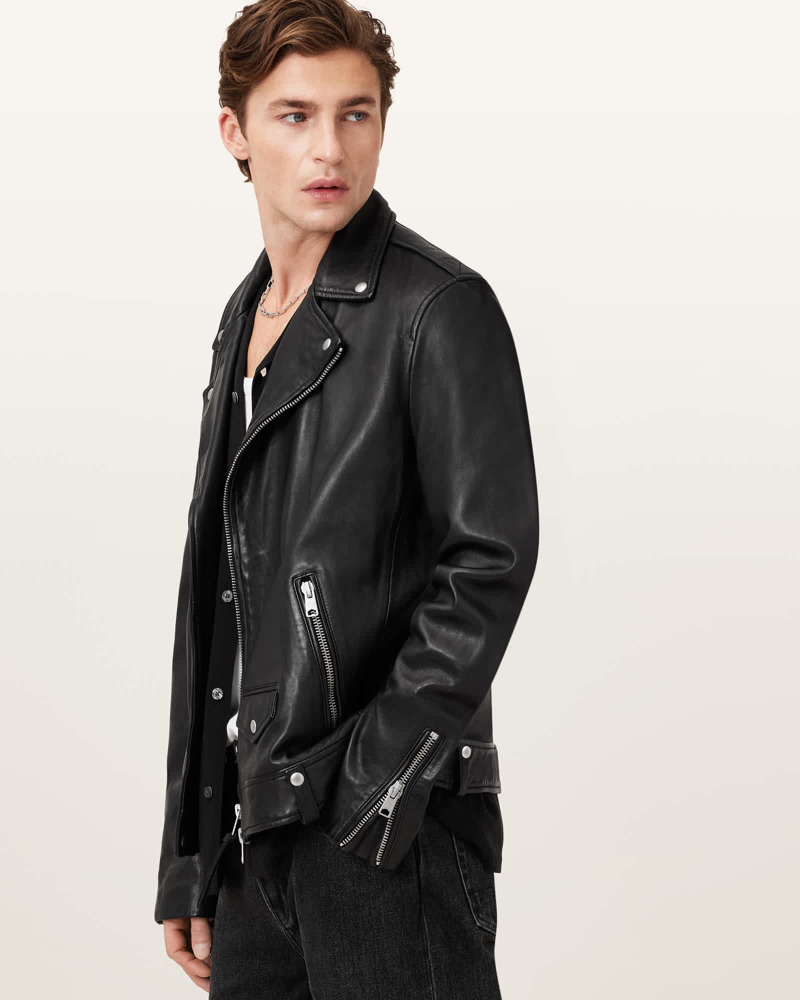 AllSaints Milo Asymmetric Zip Leather Biker Jacket