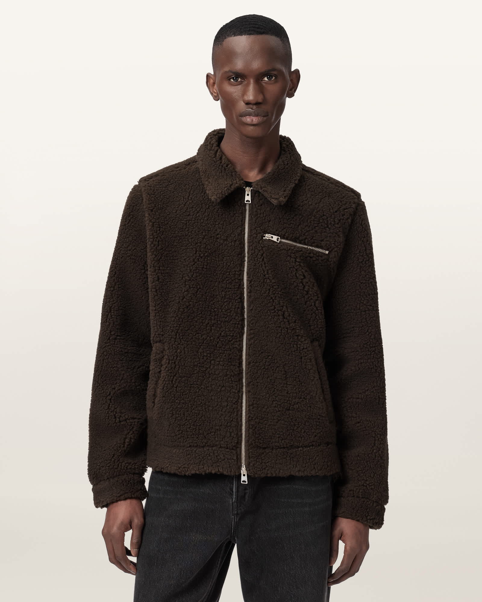 AllSaints Otis Sleeveless Sherpa Jacket,, Dark Khaki Green