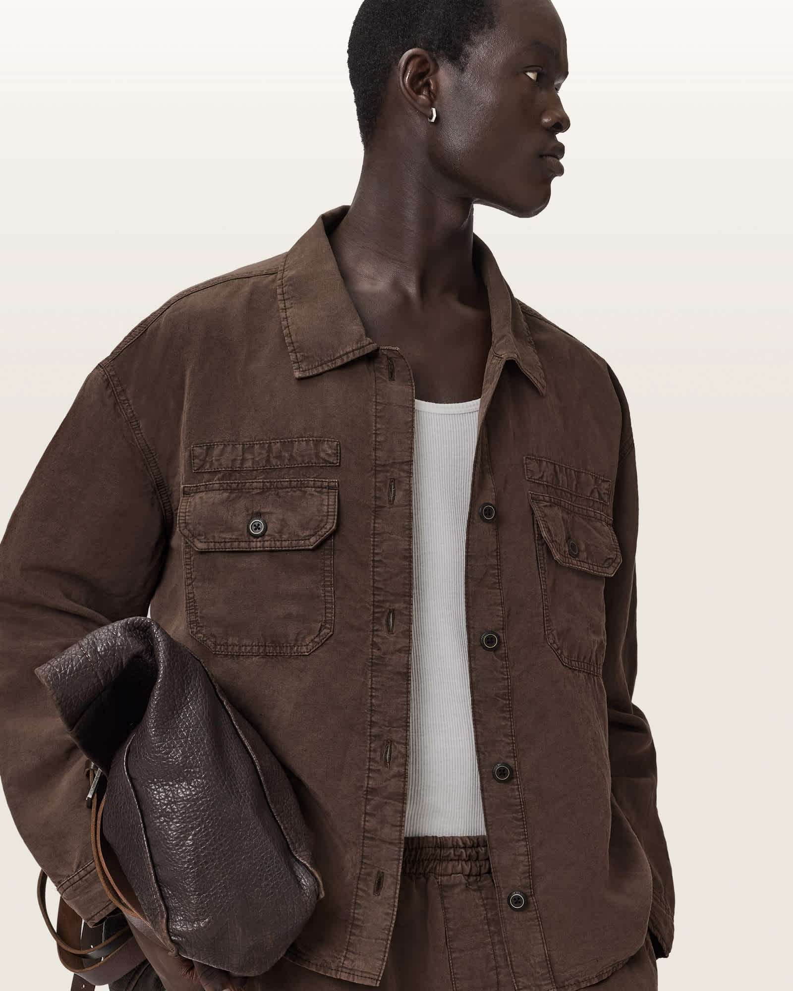 Allsaints Men's Brown Korten Linen Blend Relaxed Fit Shacket - Size  Xxl