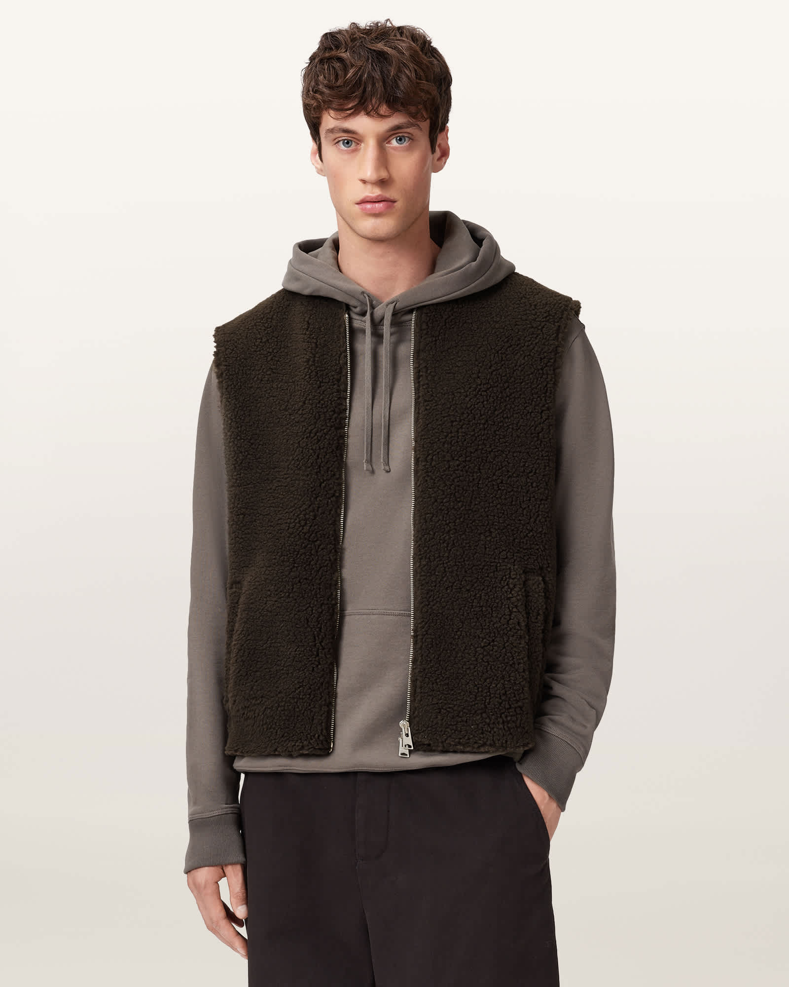 Allsaints Main: 100% Polyester Otis Sherpa Boxy Vest In Green