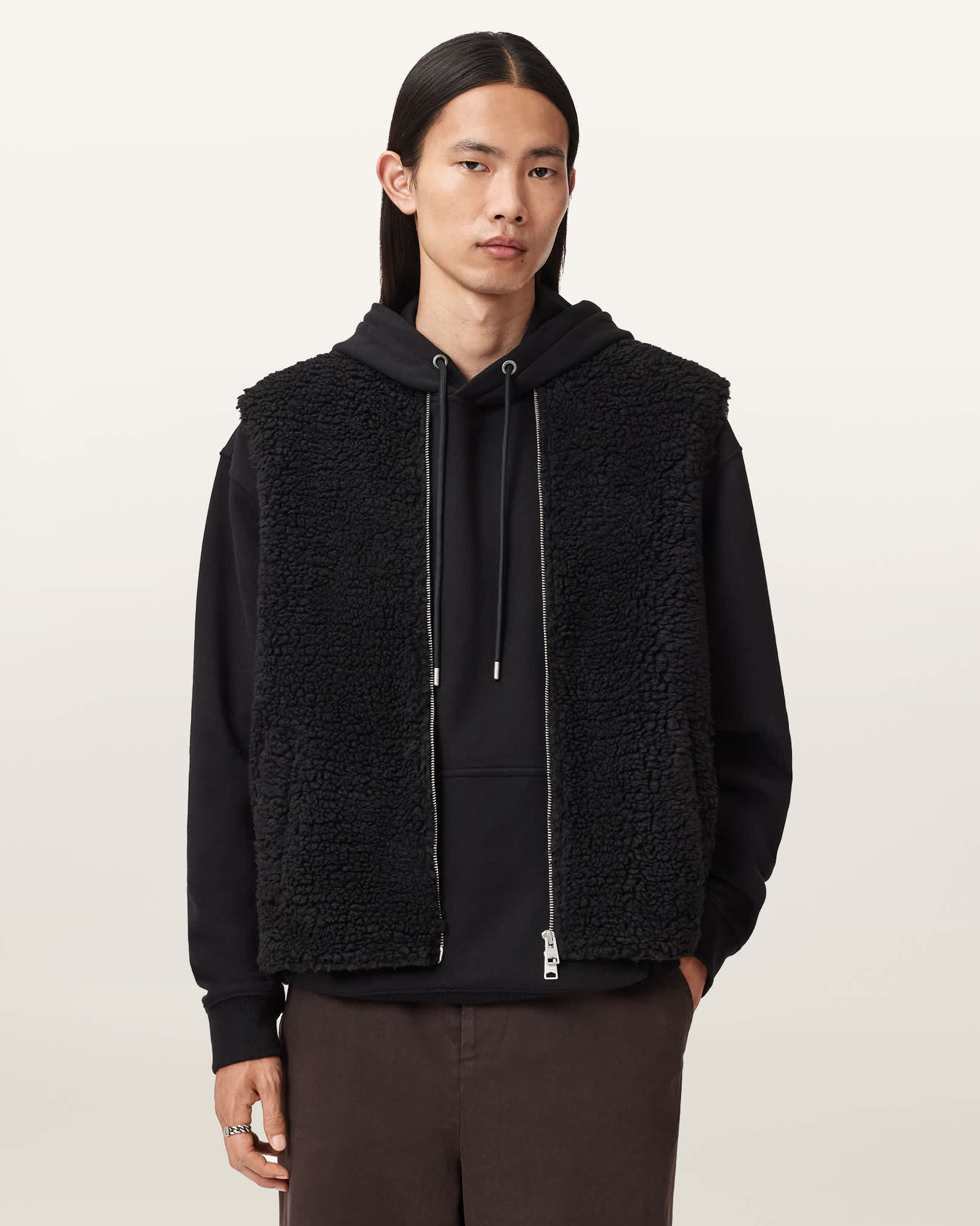 AllSaints Otis Sherpa Boxy Vest,, Jet Black