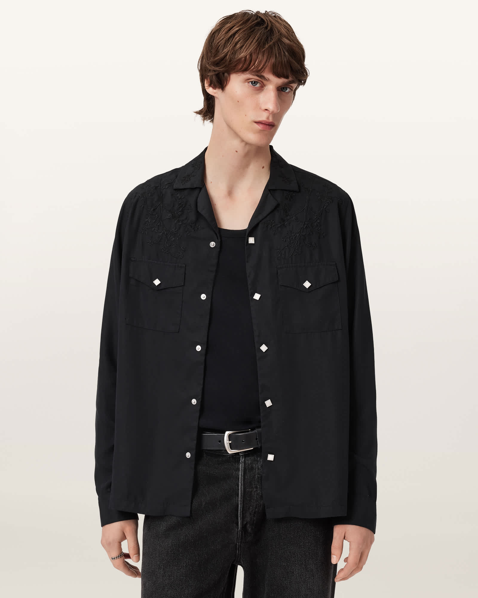 AllSaints Akan Long Sleeve Embroidered Shirt,, Faded Black