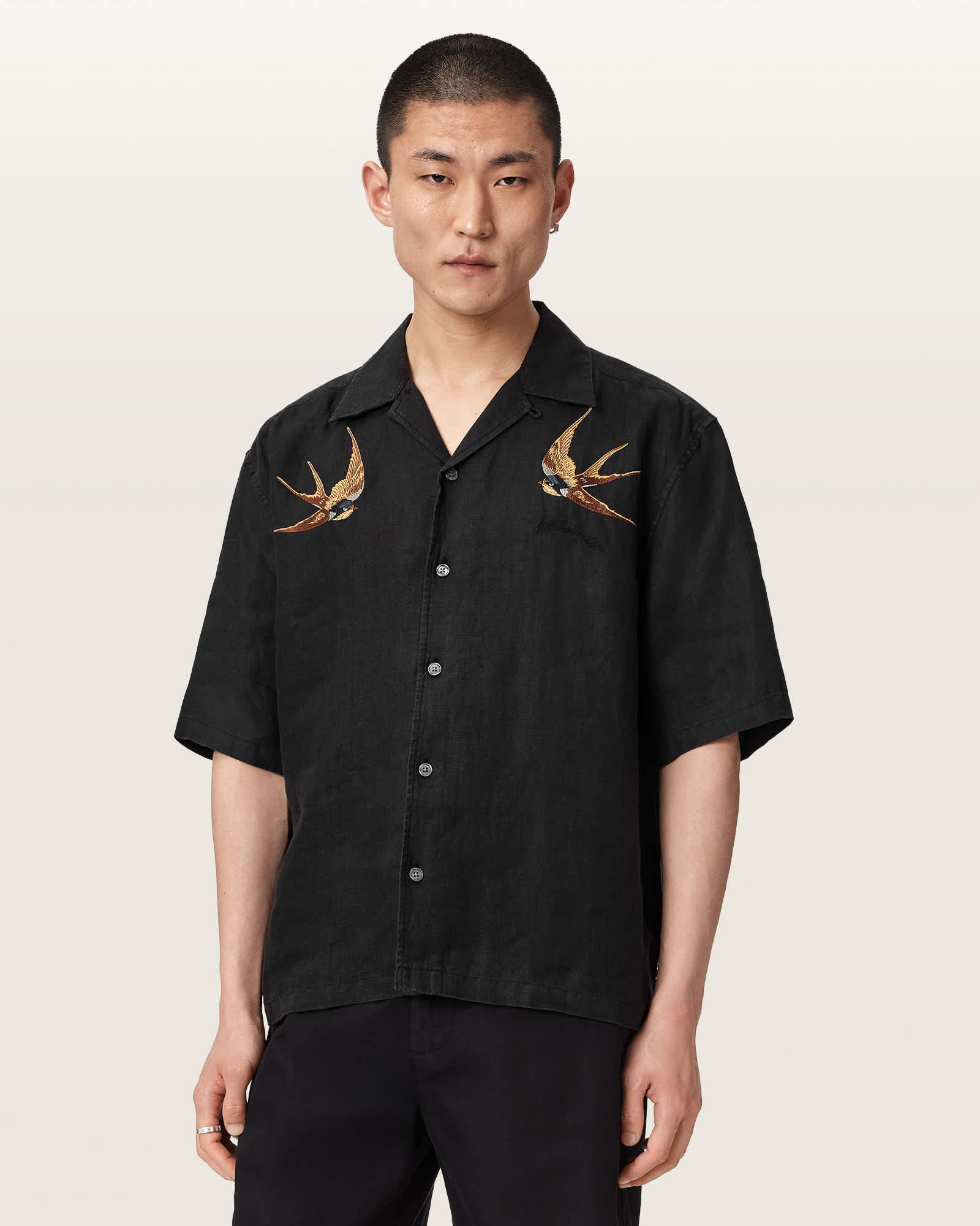 Allsaints Men's Black Avia Short Sleeve Embroidered Linen Shirt - Size  Xs