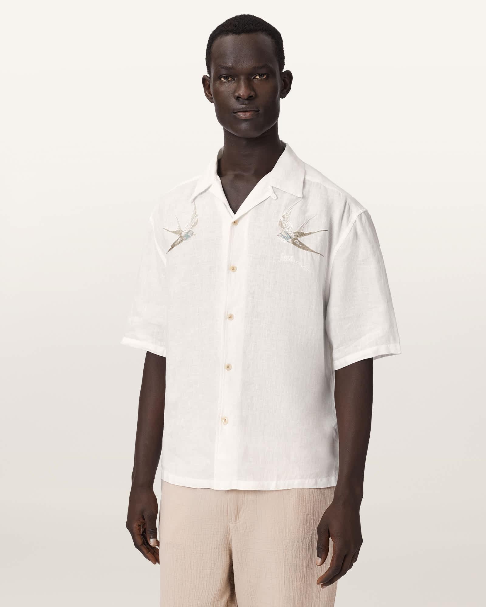 Allsaints Men's Ecru Avia Short Sleeve Embroidered Linen Shirt - Size  Xxl