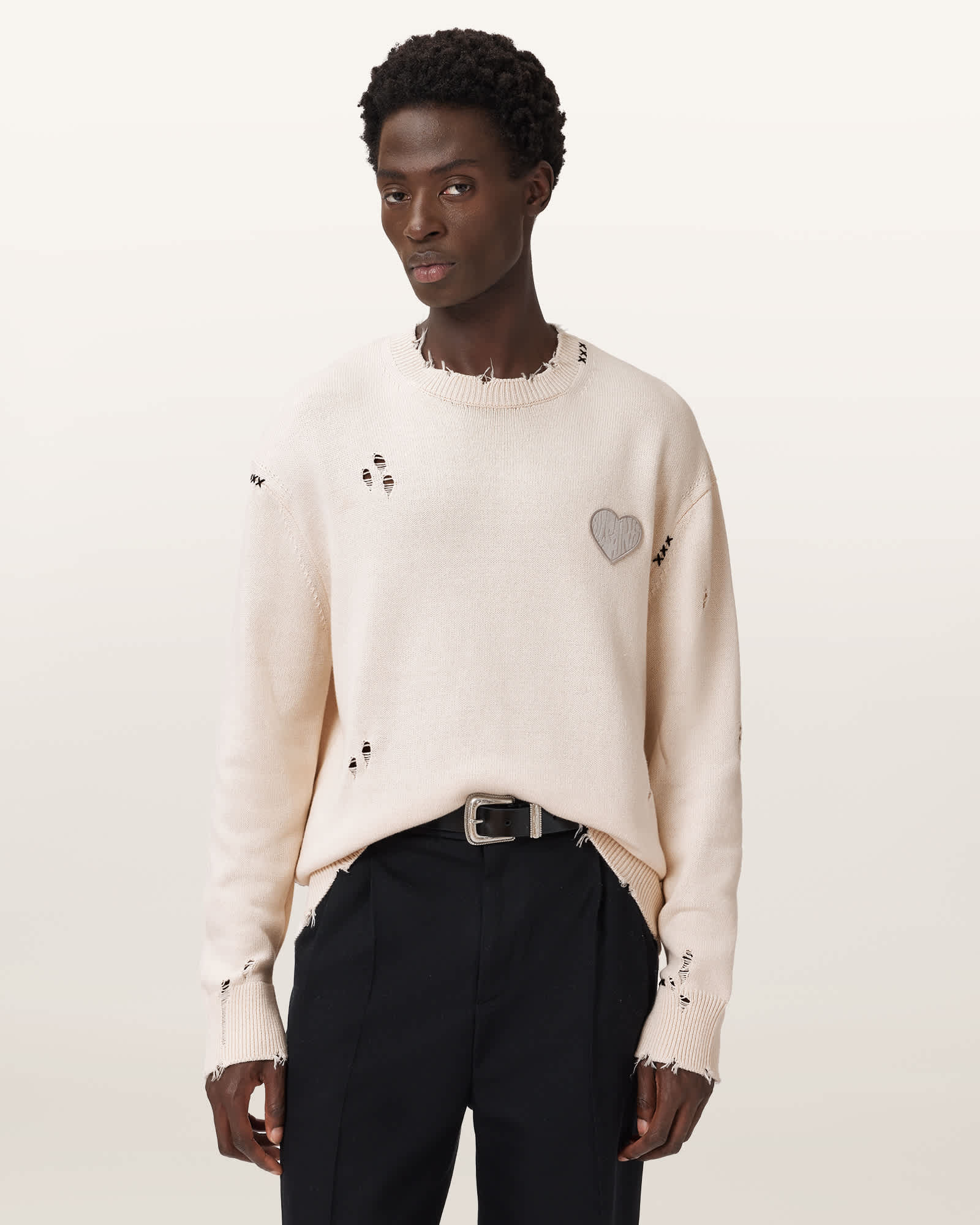 Allsaints Theo Distressed Embroidered Sweater In Neutral