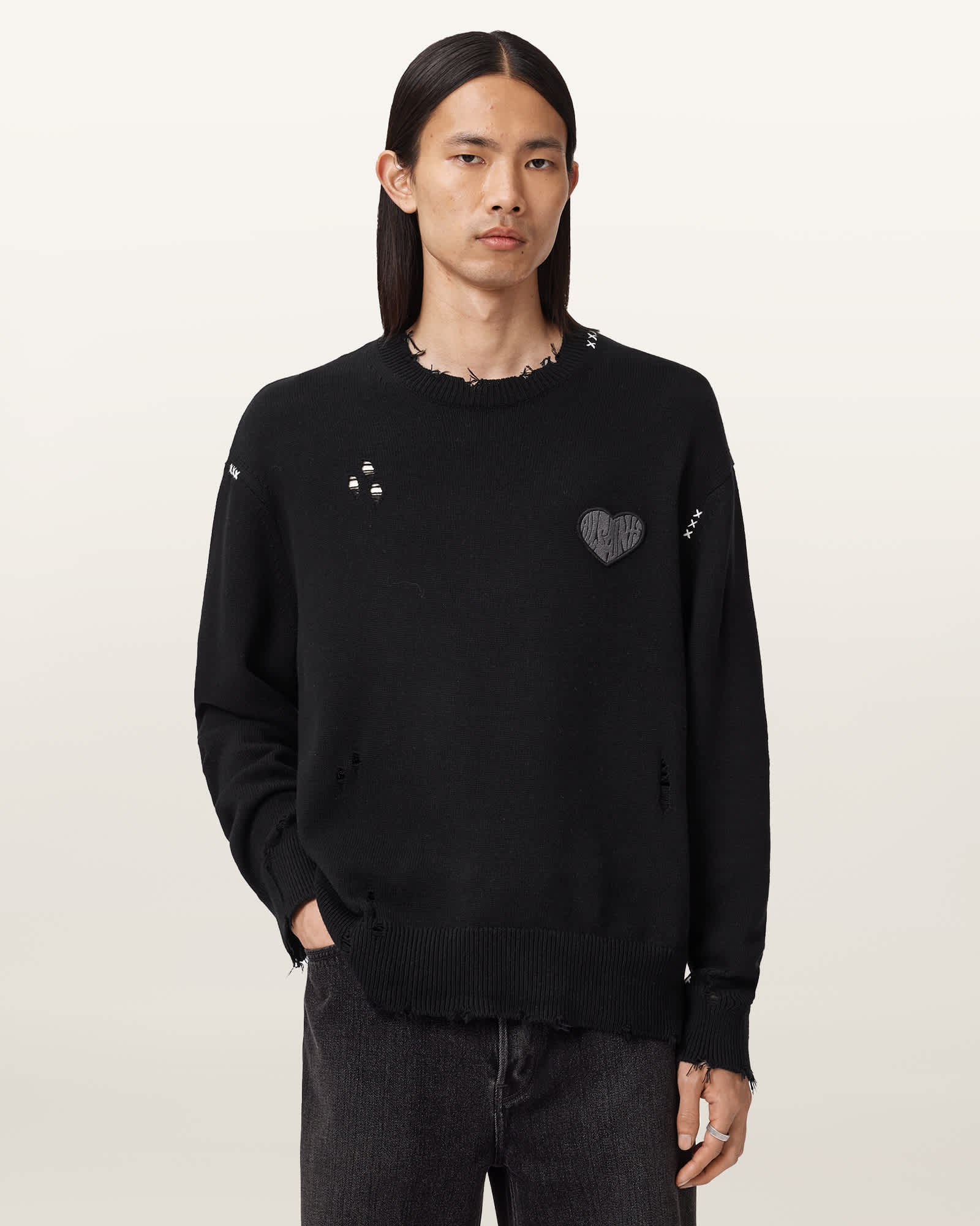 Allsaints Theo Distressed Embroidered Sweater In Black