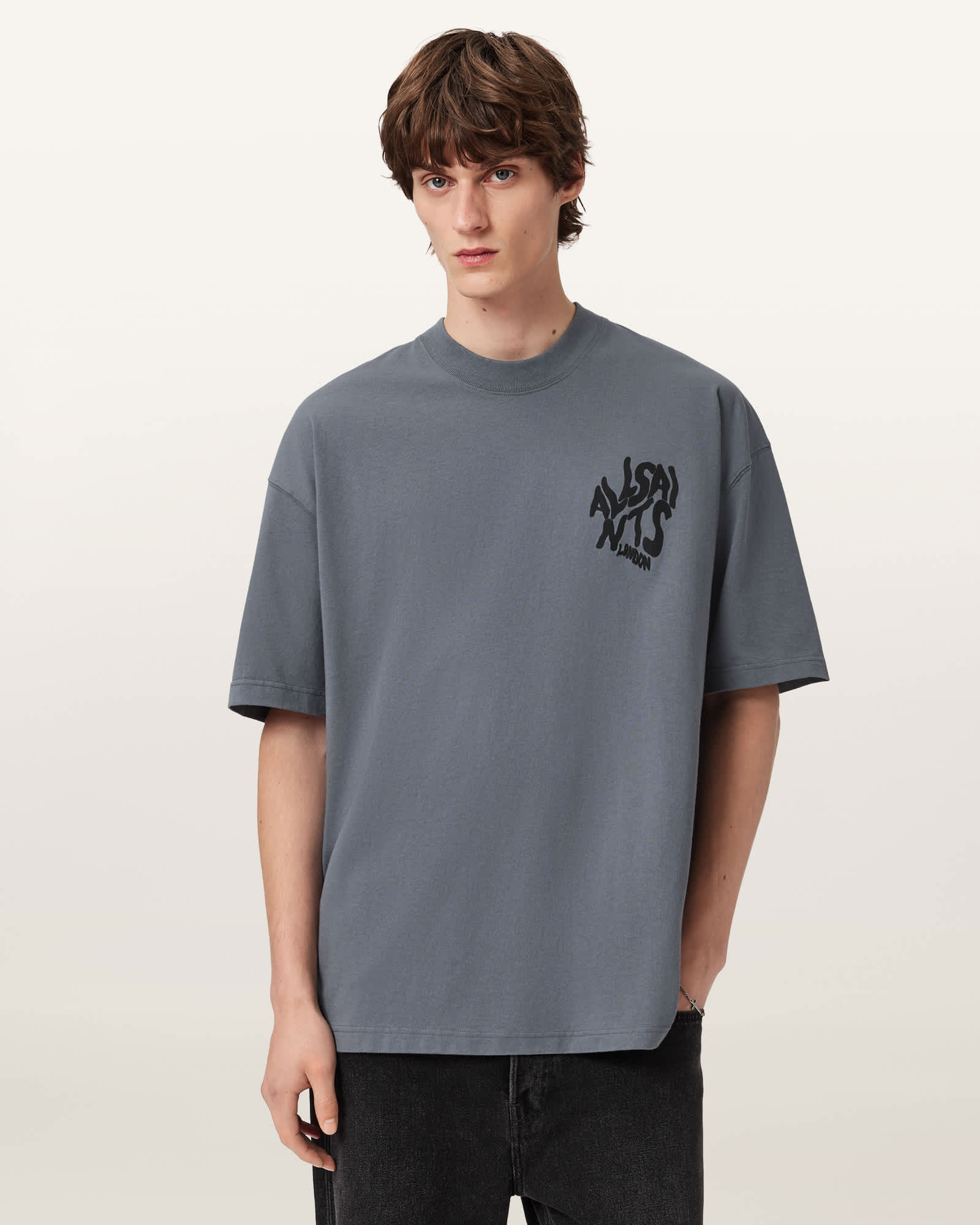 Allsaints Cotton Orlando Logo Print Oversized T-shirt In Gray