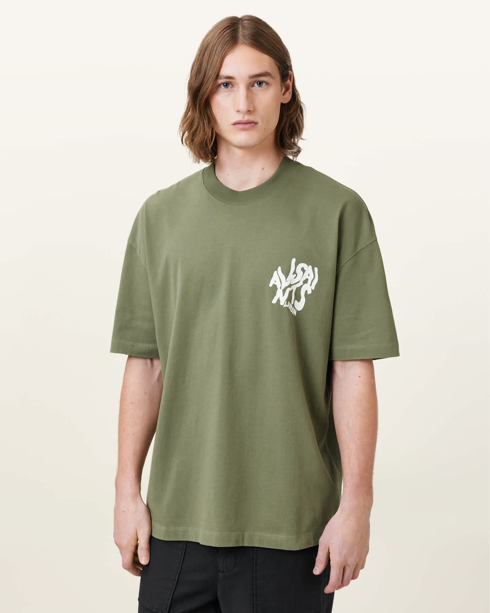 AllSaints Orlando Logo Print Oversized T-Shirt,, Eden Green