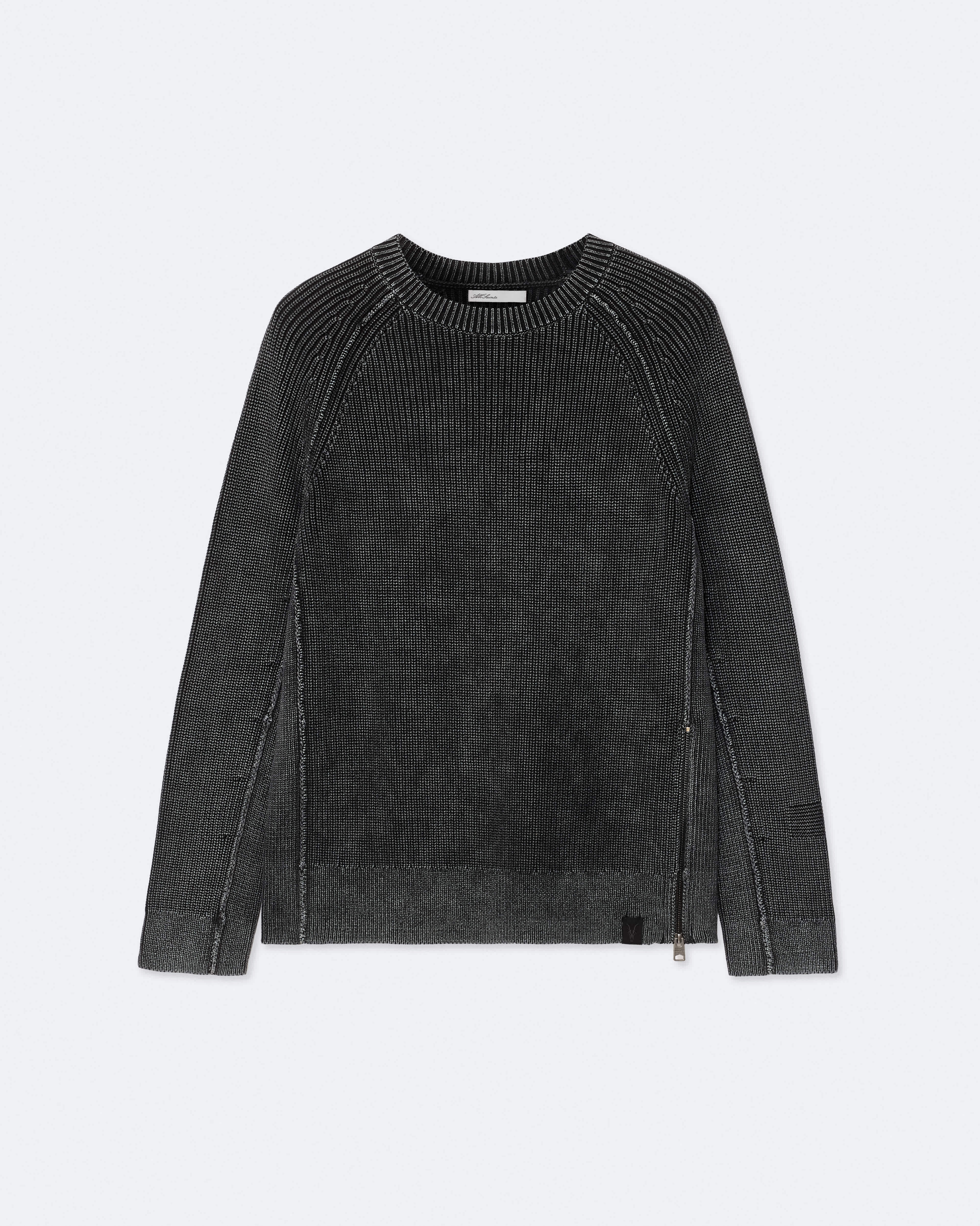 AllSaints Men's Kit Acid-Washed Cotton Crew-Neck Sweater, Black, Size: XXL