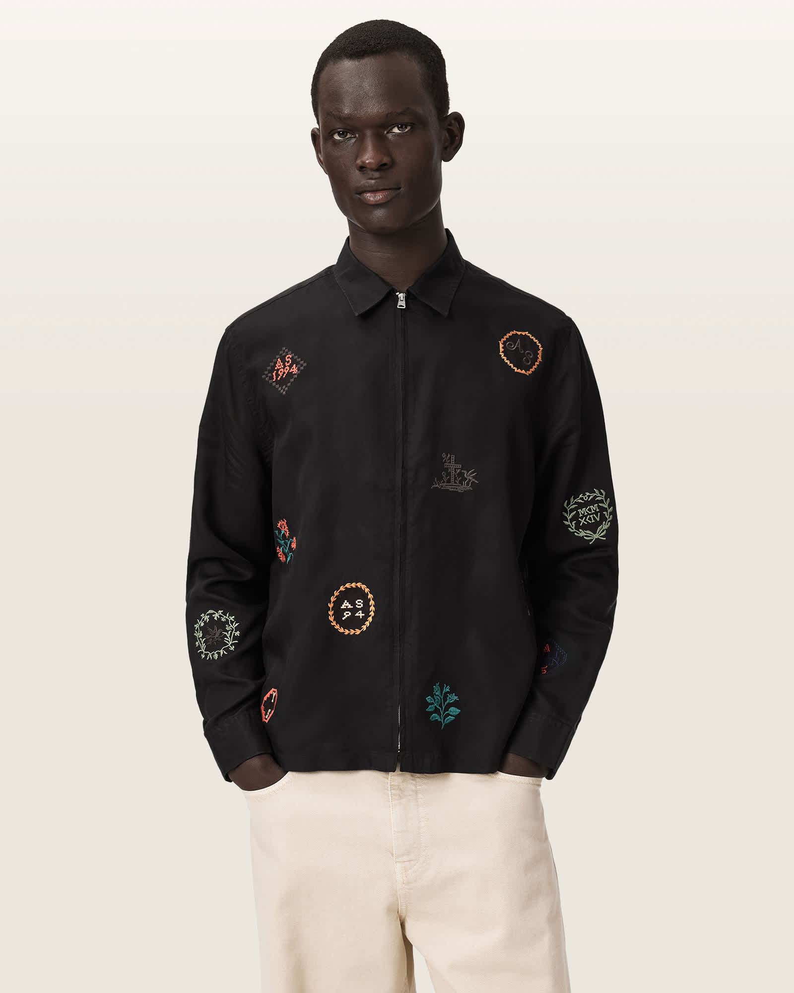 AllSaints Main: 50% Lyocell, 50% Viscose Laurel Long Sleeve Embroidered Zip Up Shirt, Size: S