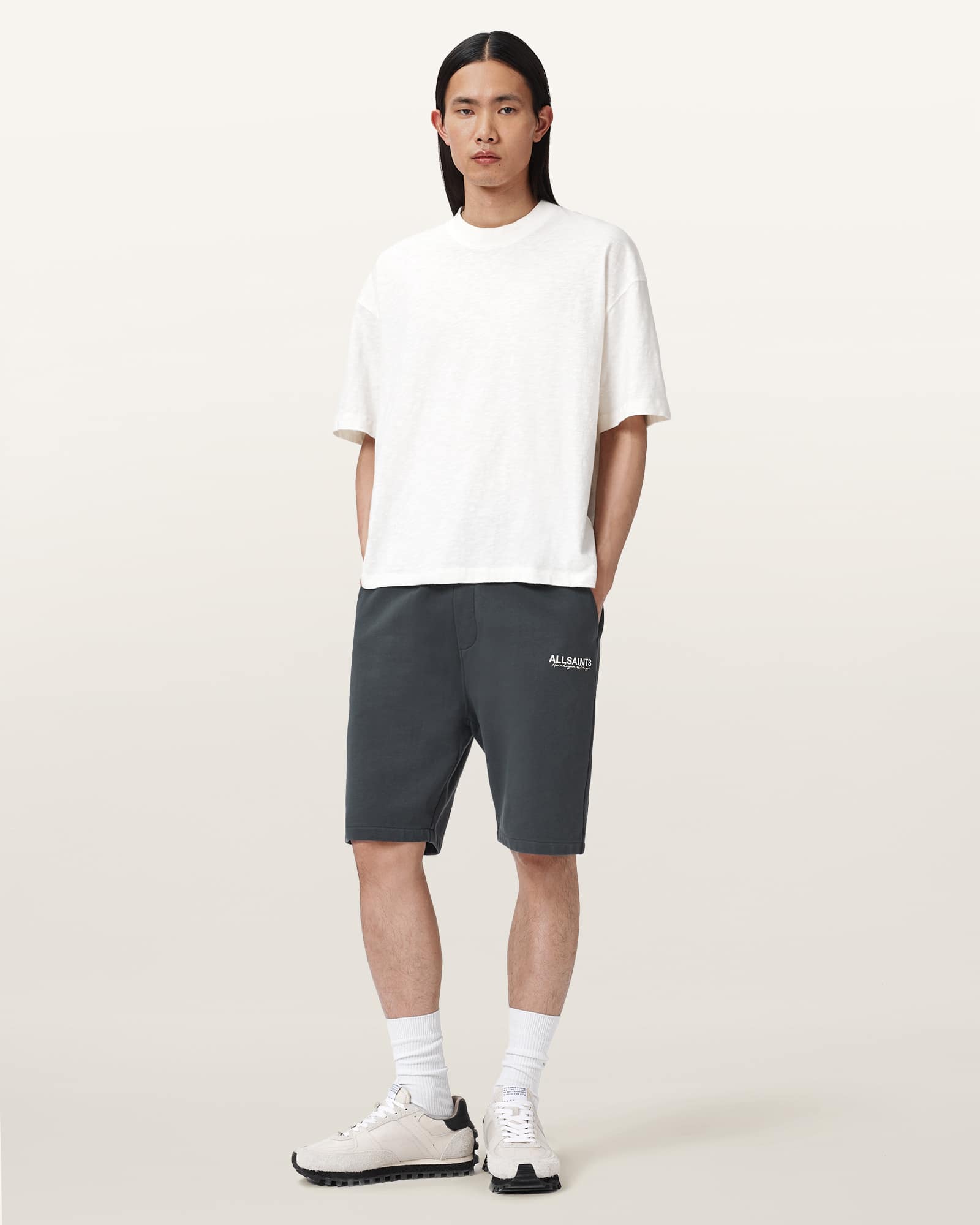 AllSaints Cotton Emblem Mid Rise Cotton Sweat Shorts, Size: XXL