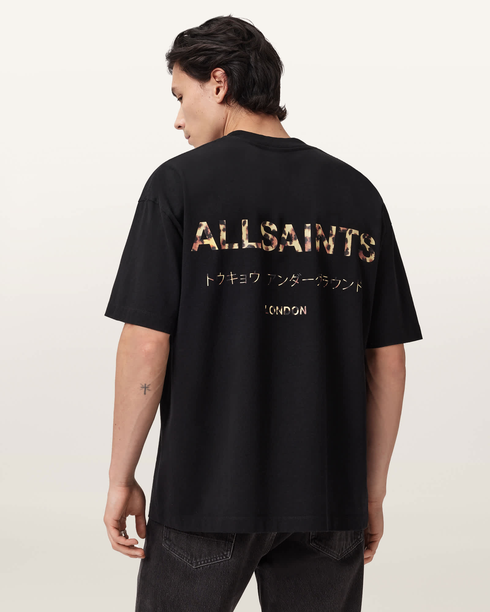Allsaints Men's Black/Leopard Underground Oversized Crew Neck T-Shirt - Size  S