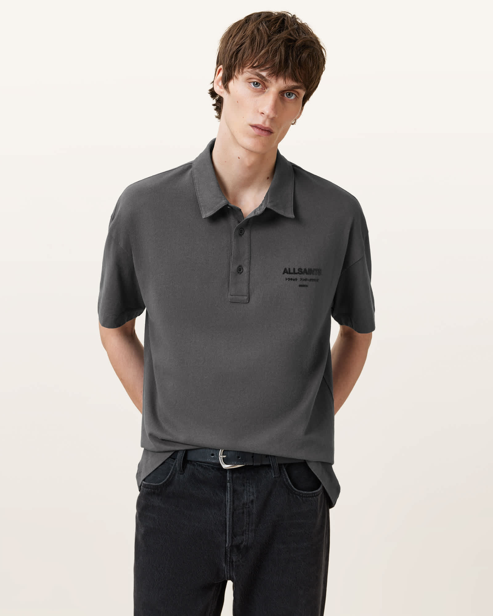 AllSaints Xander Oversized Short Sleeve Polo Shirt,, Grey