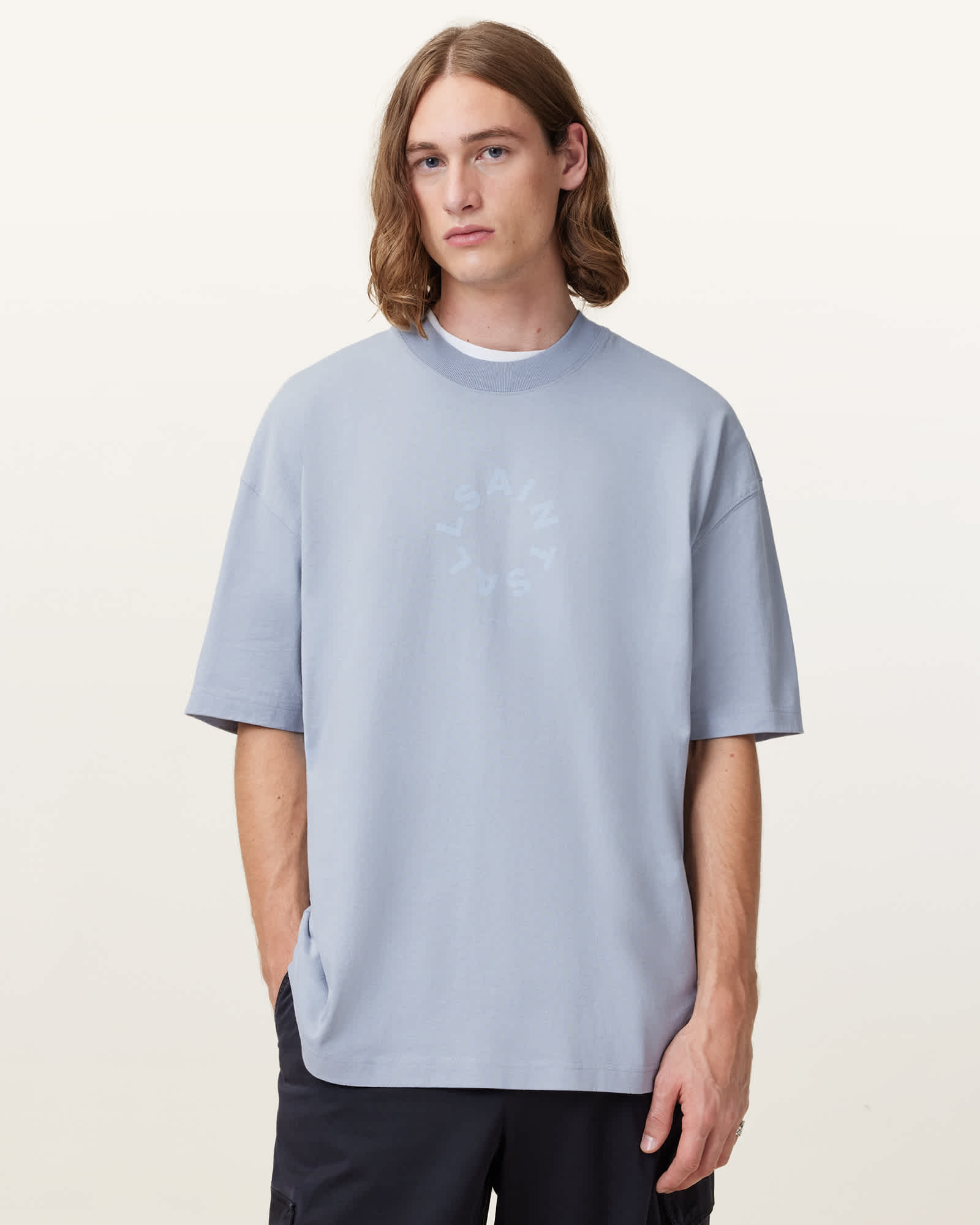 AllSaints Tierra Oversized Crew Neck Logo T-Shirt, Blue