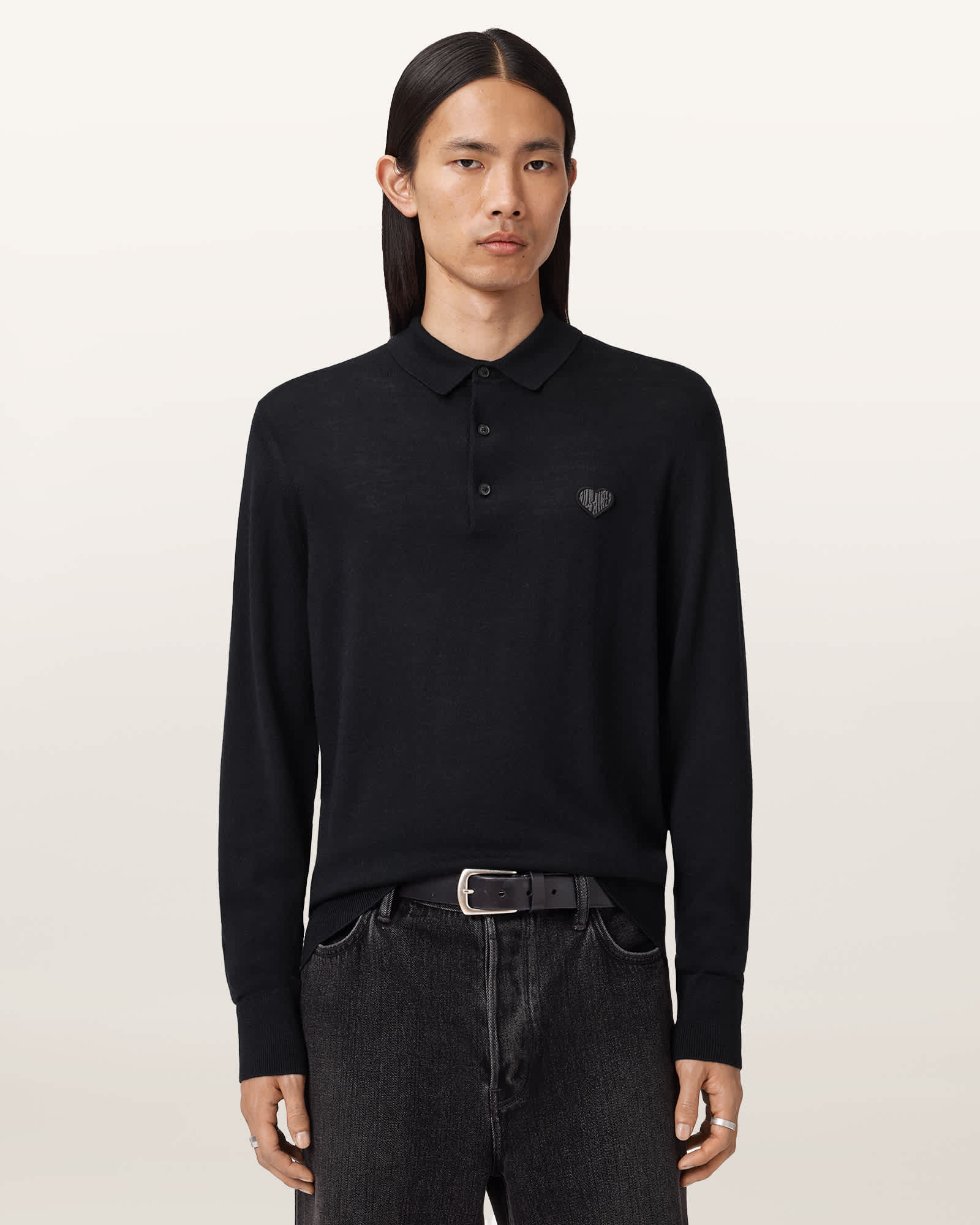 AllSaints Lover Merino Long Sleeve Polo,, Ink Navy Blue