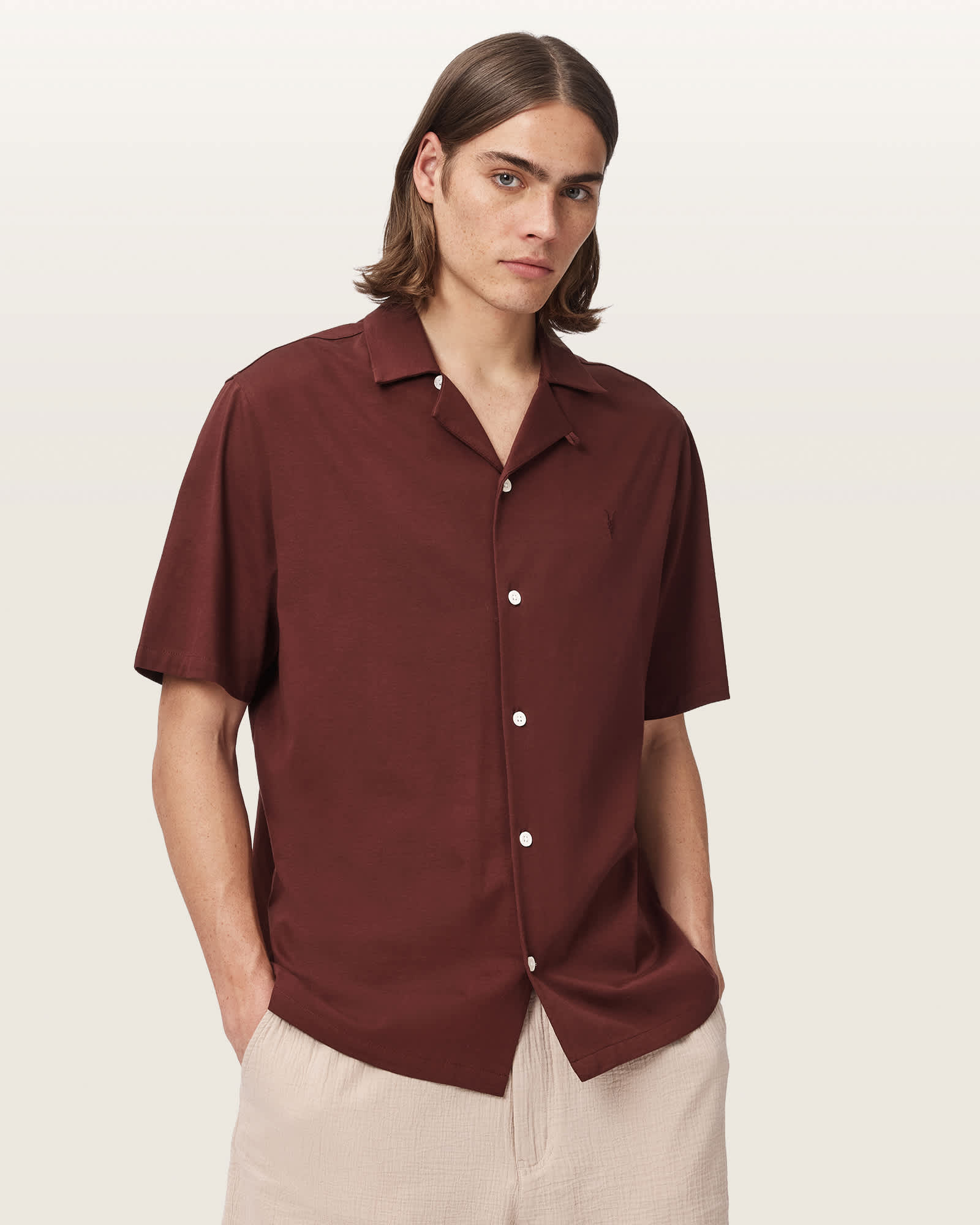 Allsaints Men's Red Hudson Relaxed Fit Ramskull Shirt - Size  Xxl