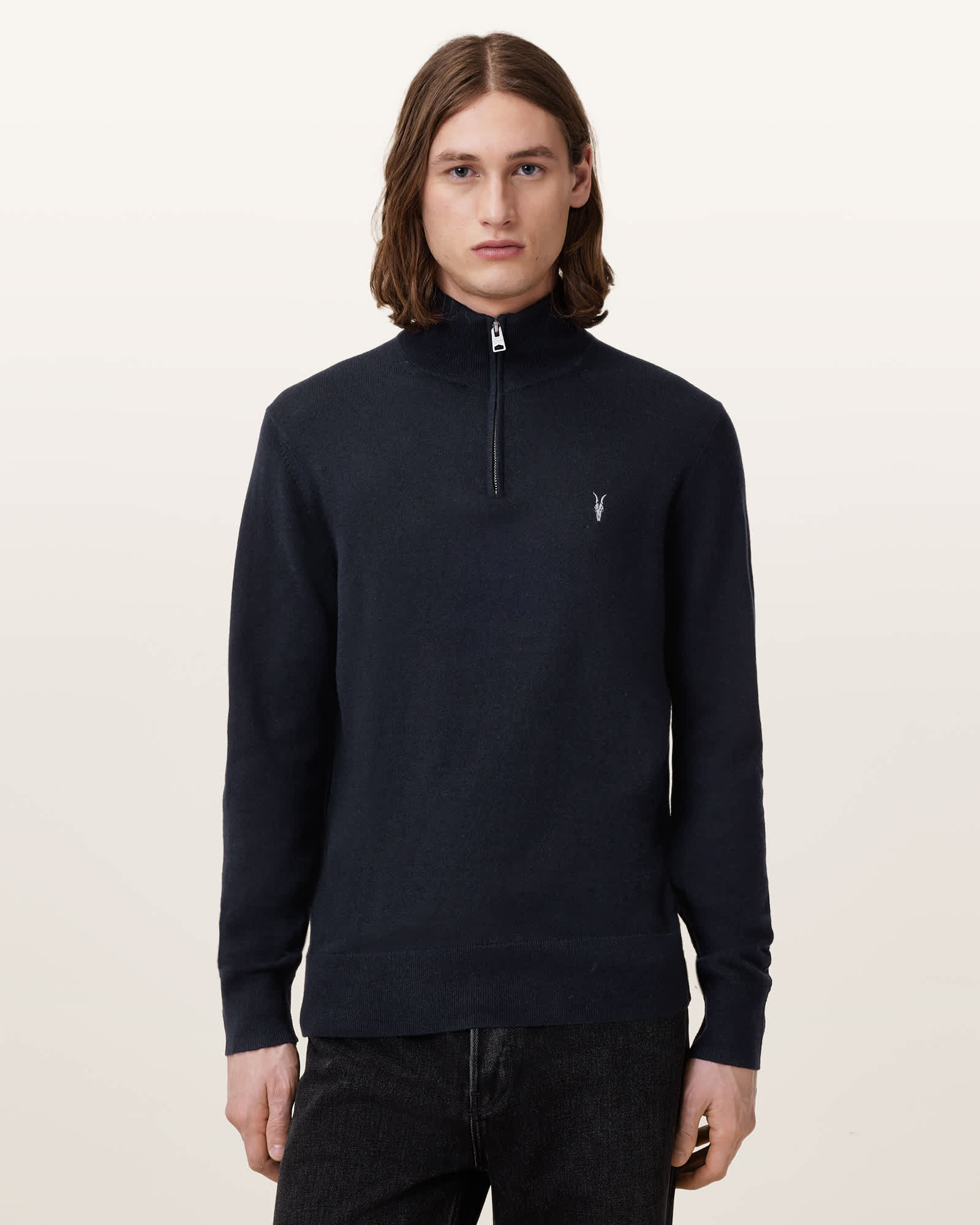 AllSaints Wool/Polyamide Kilburn Zip Funnel Neck Ramskull Jumper, Size: XS