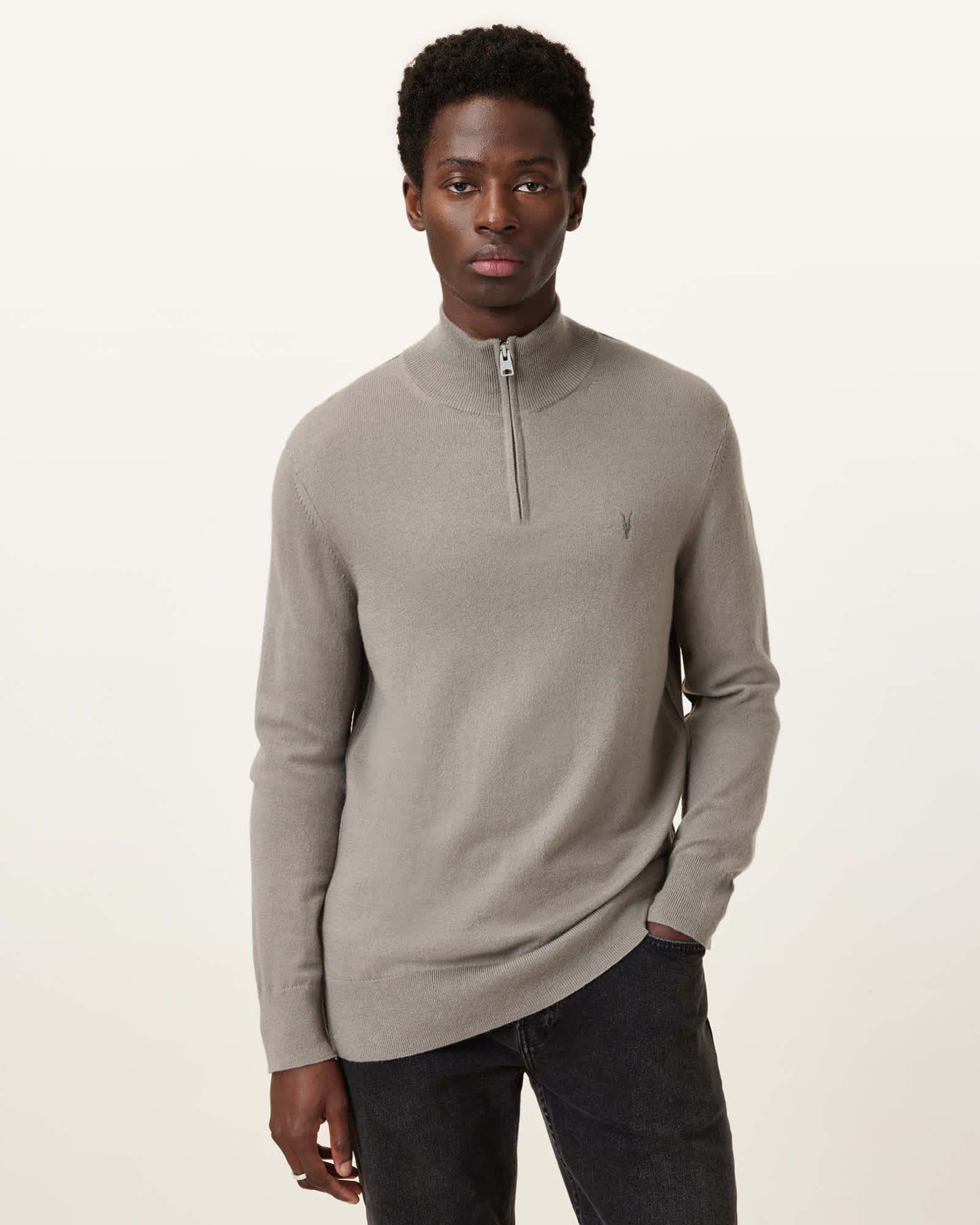 AllSaints Kilburn Zip Funnel Neck Ramskull Jumper,, Brown