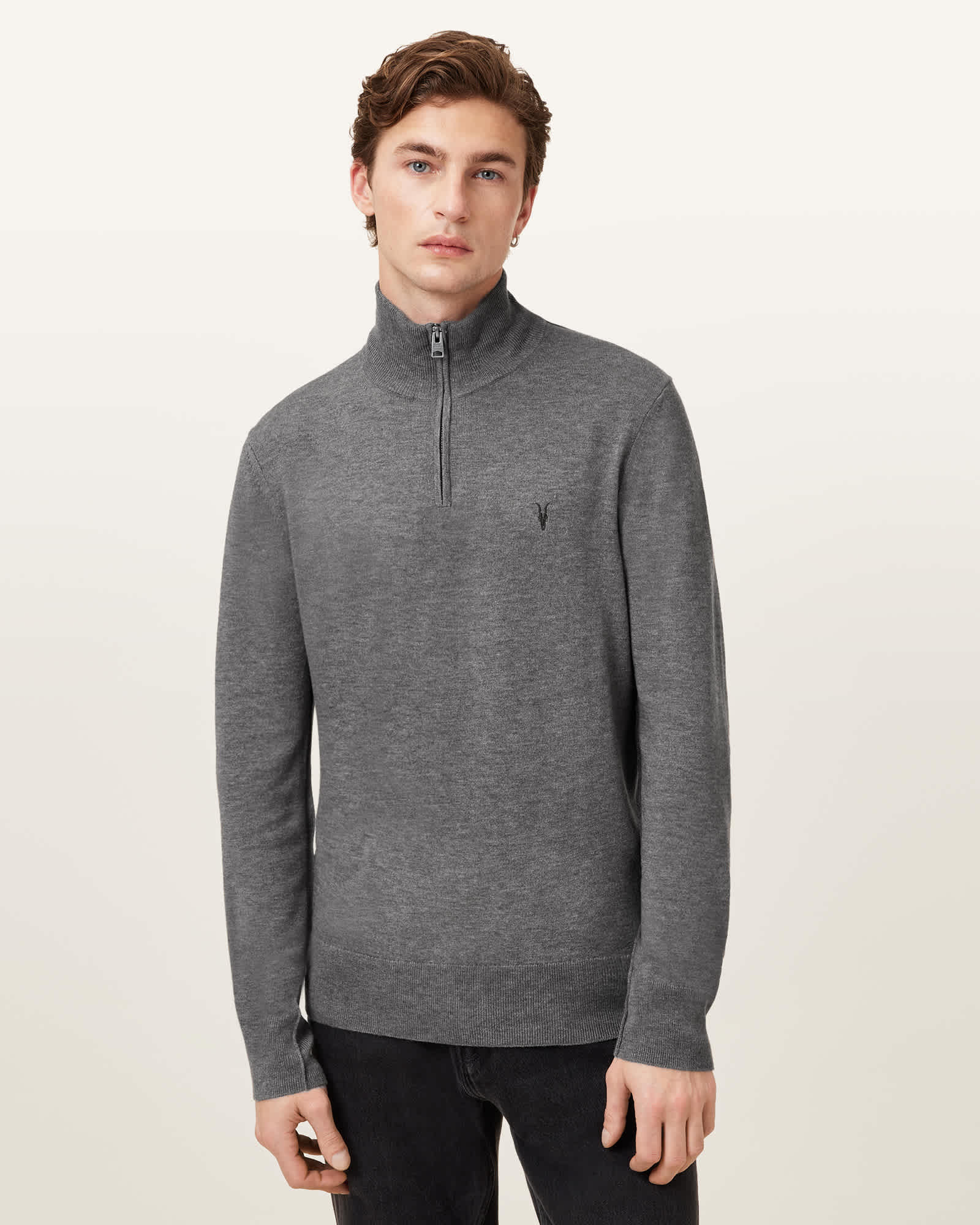 AllSaints Wool/Polyamide Kilburn Zip Funnel Neck Ramskull Jumper, Size: XXL