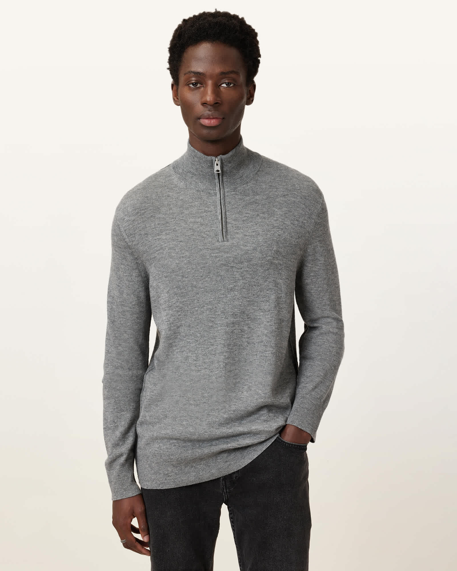 AllSaints Kilburn Zip Funnel Neck Ramskull Jumper,, Fossil Grey