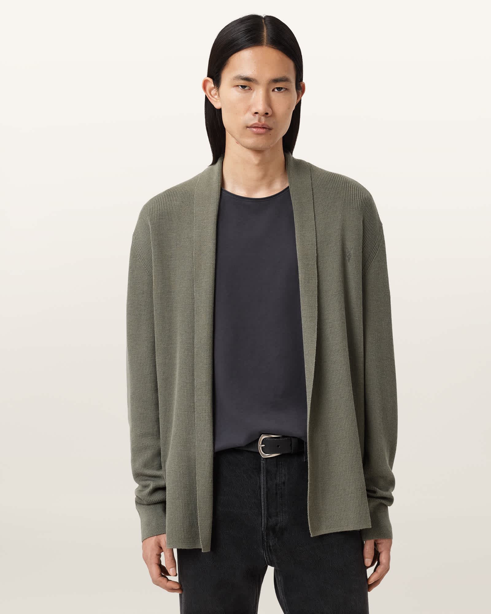Allsaints Mens Dusky Green Mode Ramskull-embroidered Merino-wool Cardigan Xs In Green