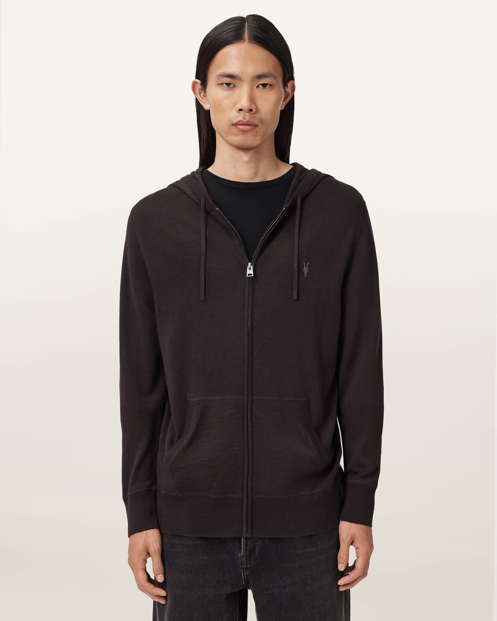 Allsaints Mens Espresso Brown Mode Zipped Merino-wool Hoody In Burgundy