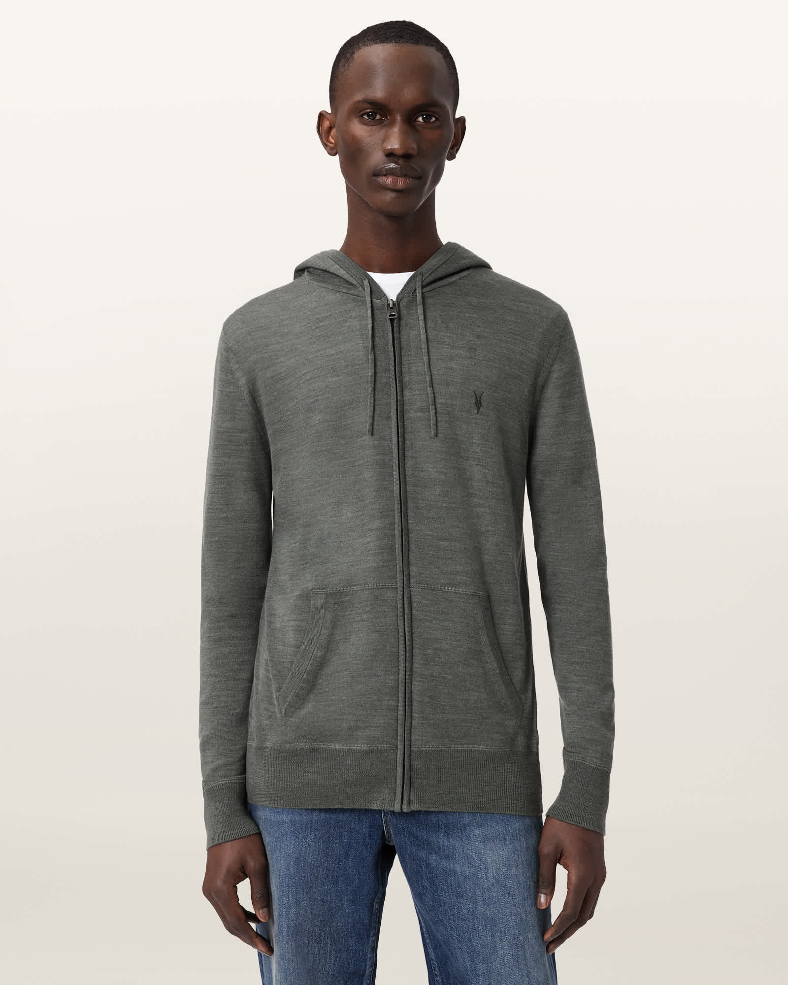AllSaints Mode Merino Zip Up Ramskull Hoodie,, Maple Green