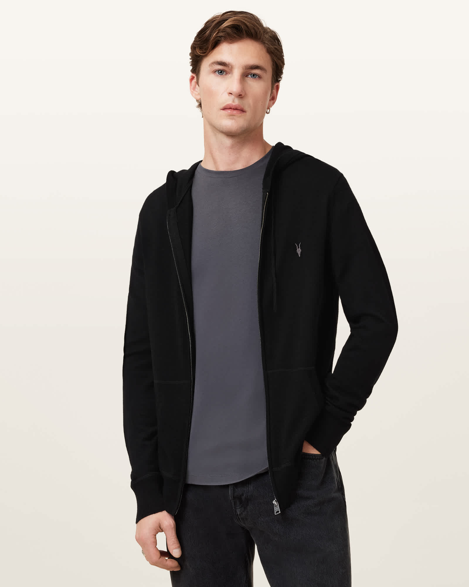 AllSaints Men's Merino Wool Mode Merino Zip Up Ramskull Hoodie, Size: L