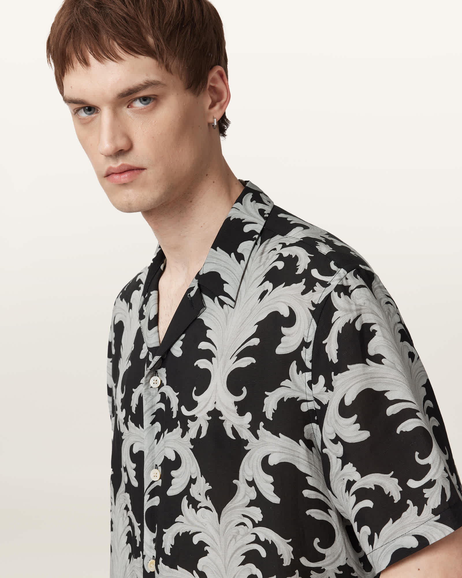 AllSaints Motif Short Sleeve Shirt,, Jet Black