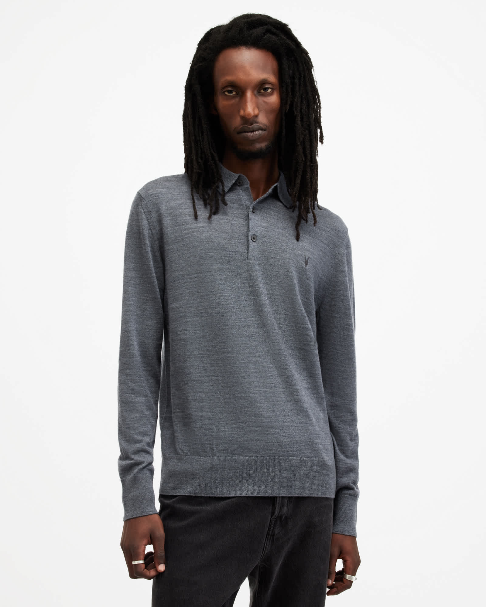 AllSaints Mode Merino Long Sleeve Ramskull Polo Shirt