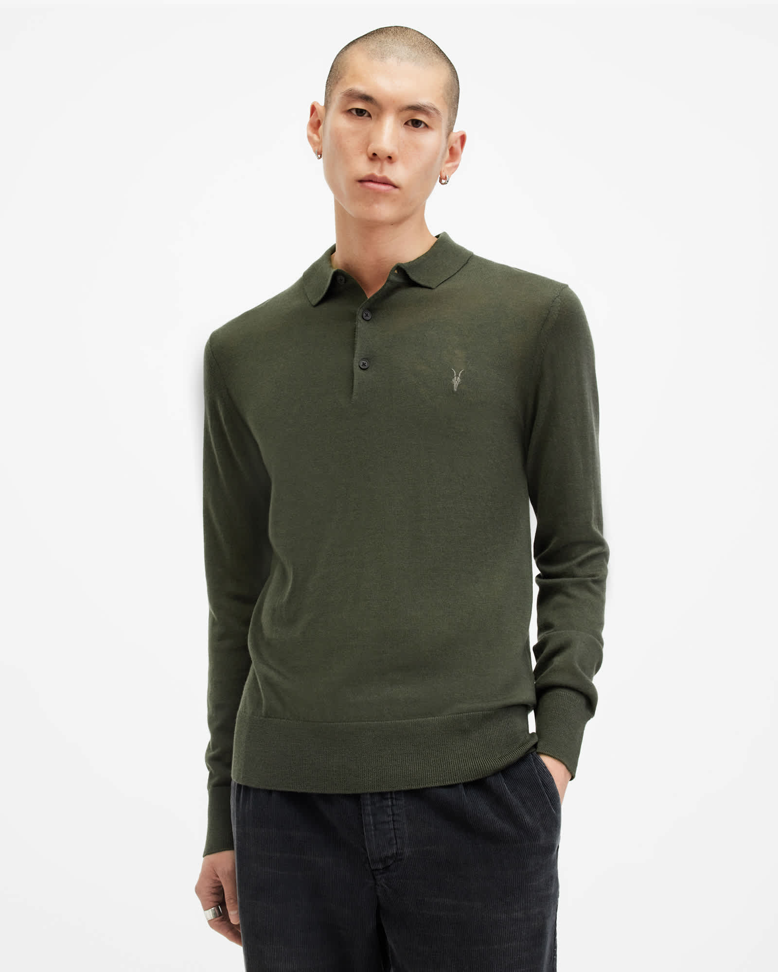 AllSaints Mode Merino Long Sleeve Ramskull Polo Shirt