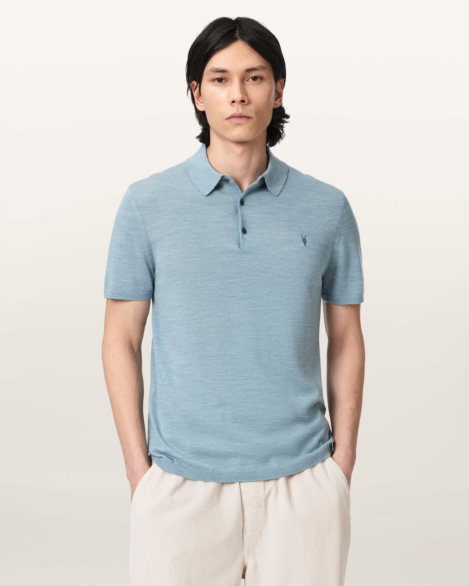 AllSaints Wool Mode Merino Short Sleeve Ramskull Polo Shirt, Size: L