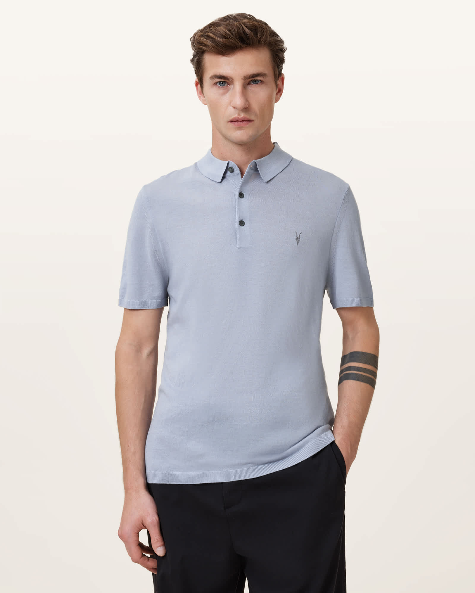 AllSaints Mode Merino Short Sleeve Ramskull Polo Shirt,, Willow Blue