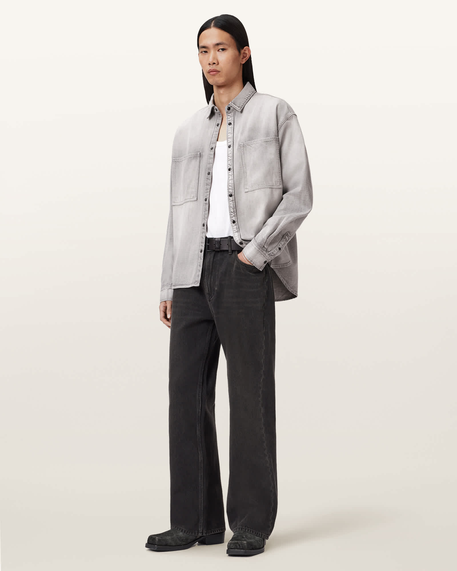AllSaints Al Oversized Denim Shirt,, Light Grey