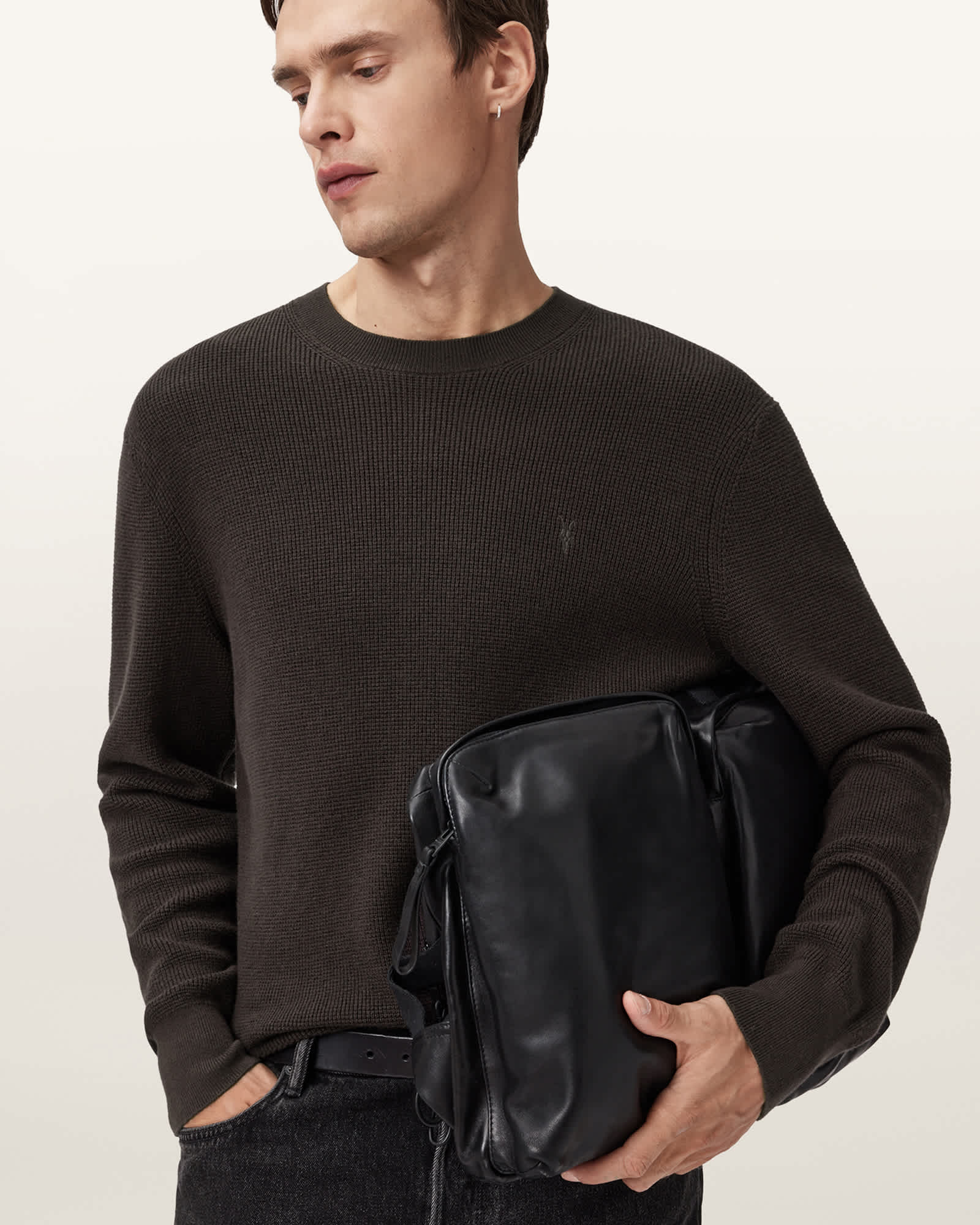 Allsaints Aspen Waffle Crew Neck Sweater In Brown
