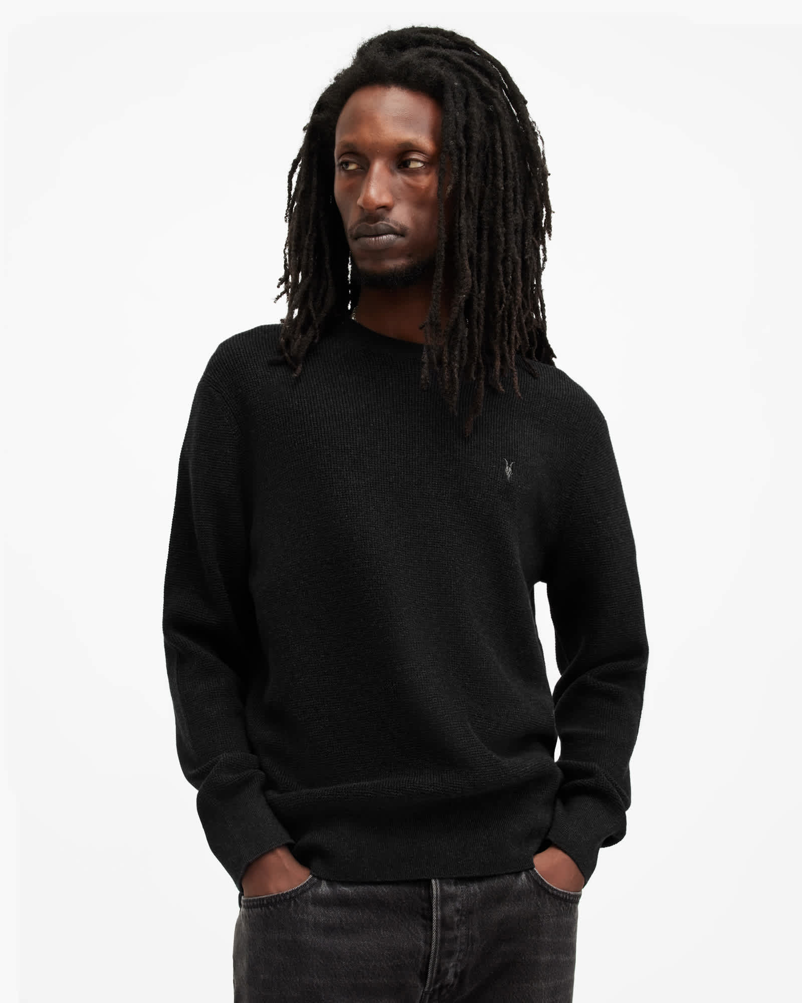 Allsaints Men's Black Aspen Waffle Texture Crew Neck Ramskull Jumper - Size  Xs