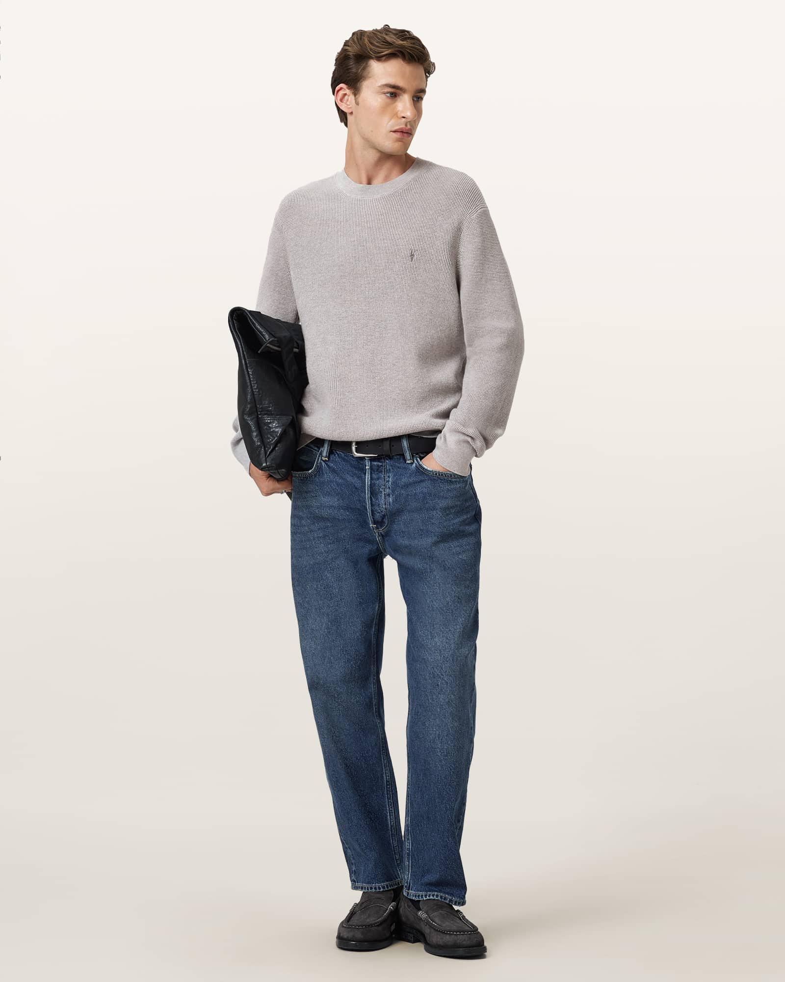 AllSaints Aspen Waffle Texture Crew Neck Ramskull Jumper,, Cool Grey