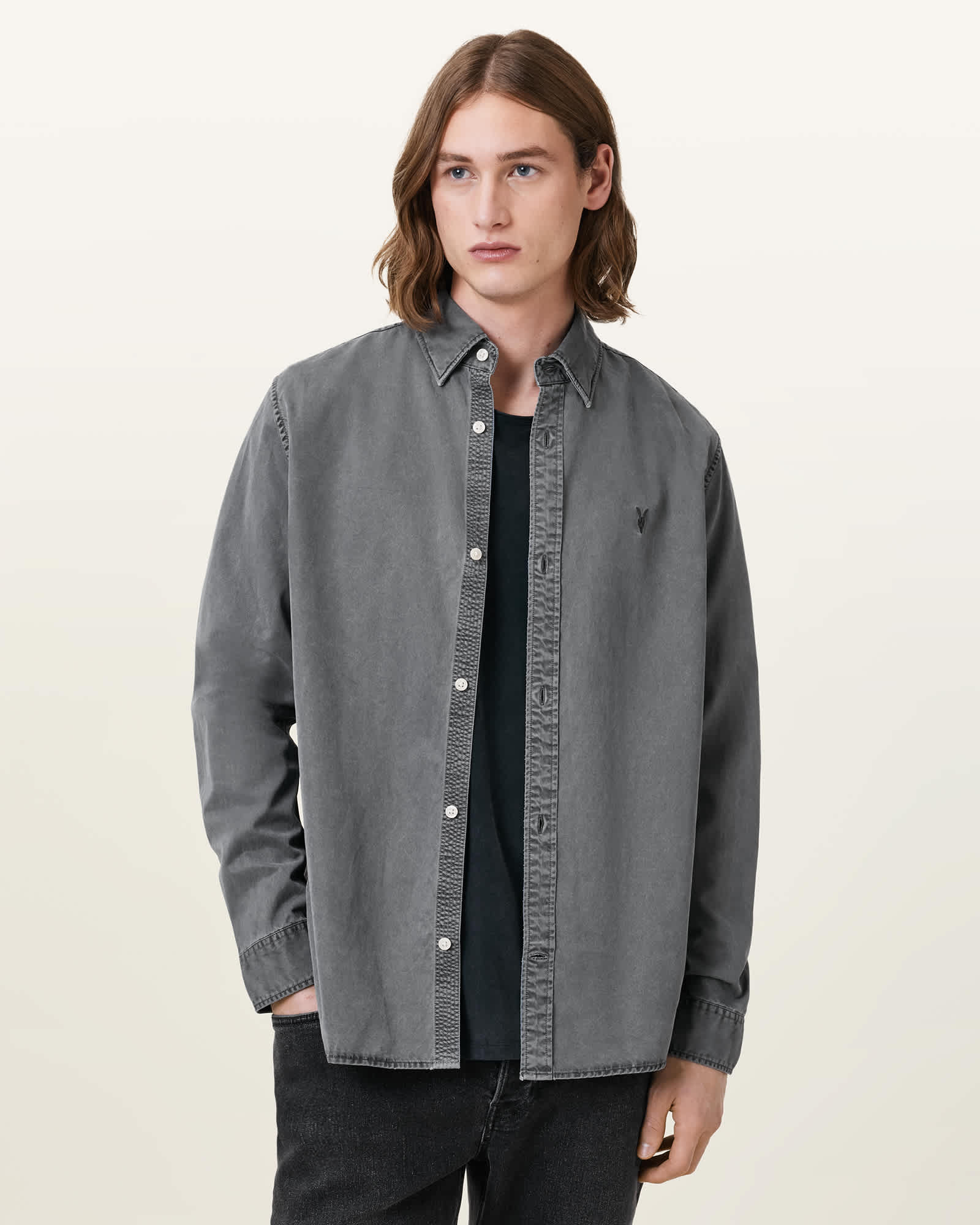 AllSaints Bodhi Long Sleeve Ramskull Overshirt,, Pillar Grey