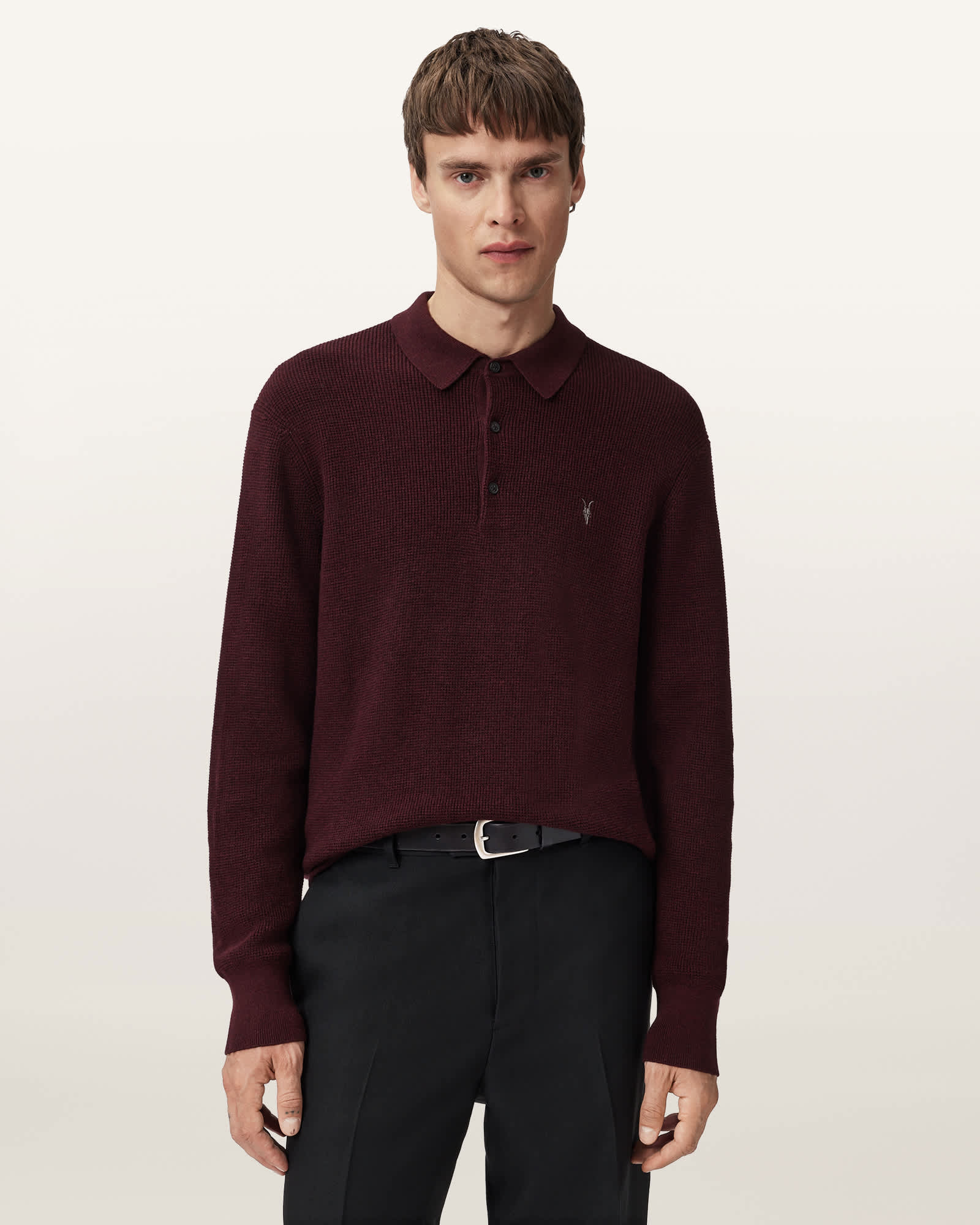 AllSaints Aspen Long Sleeve Polo Shirt,, Bronzed Red
